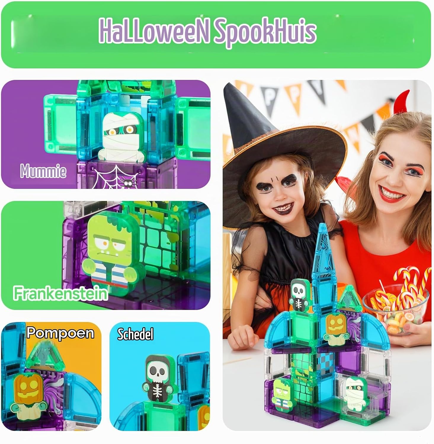 Detalle 1 de MEESHEEP Halloween magnetische bouwstenen reisset, 32-delig met metalen doos
