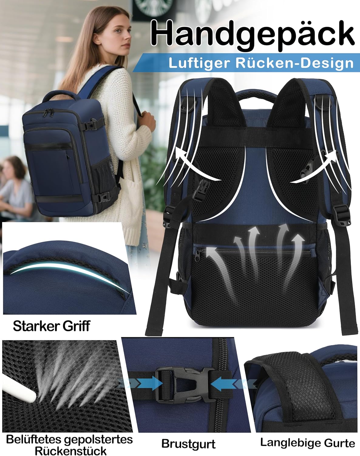 Detalle de KLOSTAIN Handgepäck-Rucksack 40x20x25 cm (Ryannair-/Eurowings-tauglich) – Tiefblau