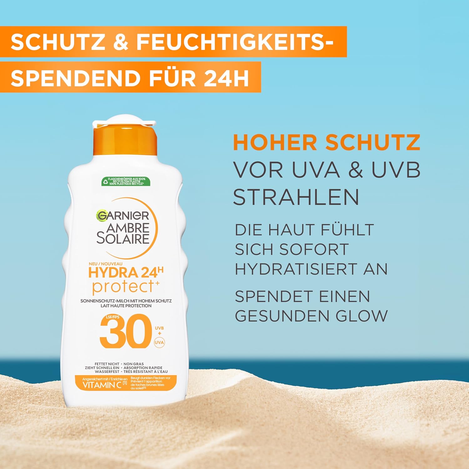 Detalle 2 de Garnier Ambre Solaire Hydra Protect+ Sonnenschutz-Milch LSF 30 (24h) – Schutz vor UVA/UVB mit Vitamin C, 175 ml (2er-Pack)
