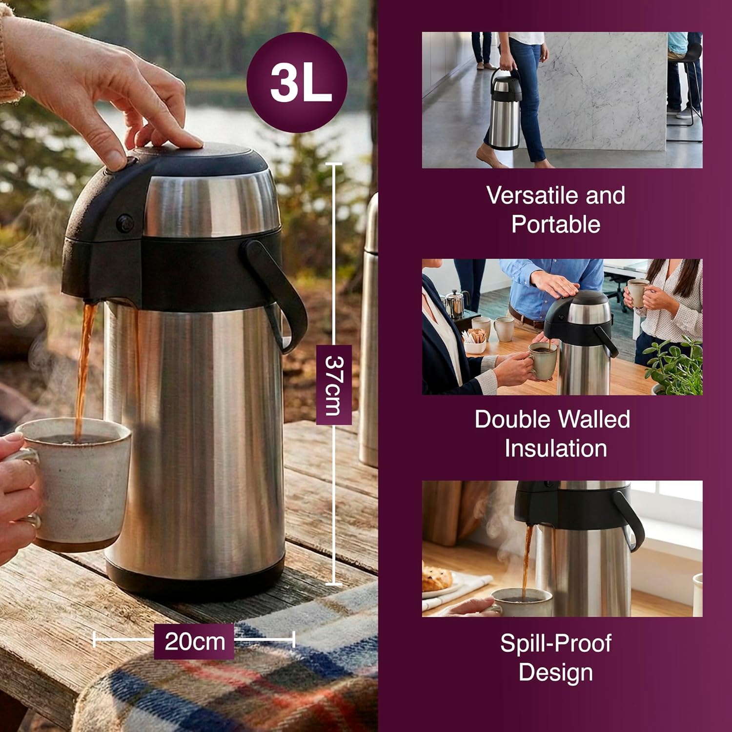 Detalle 2 de Andrew James Thermal Coffee Carafe 3L Airpot with Pump Action Dispenser