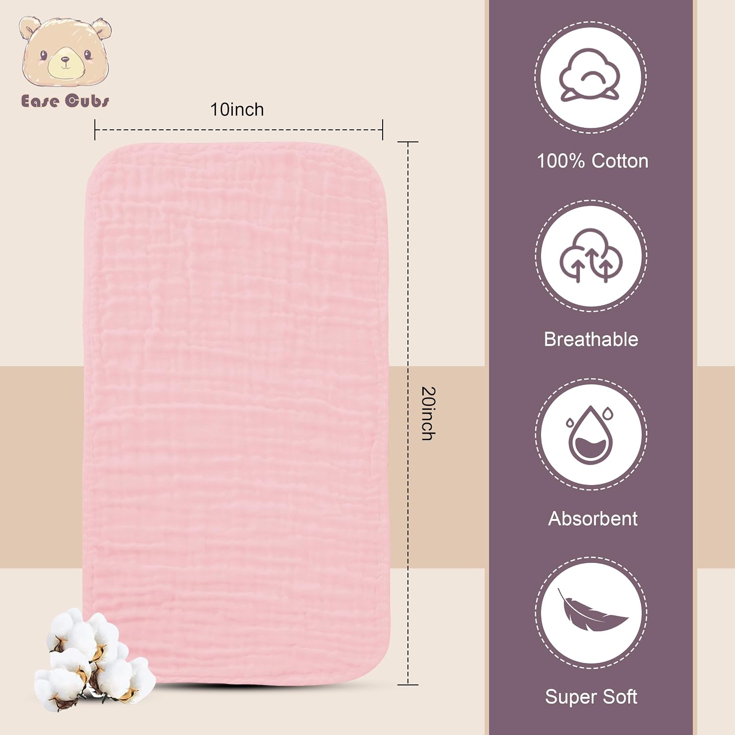 Thumbnail 1 de Ease Cubs EC-BURP-12P-Pink Muslin Burp Cloths, 100% Cotton, Pink, 12-Pack