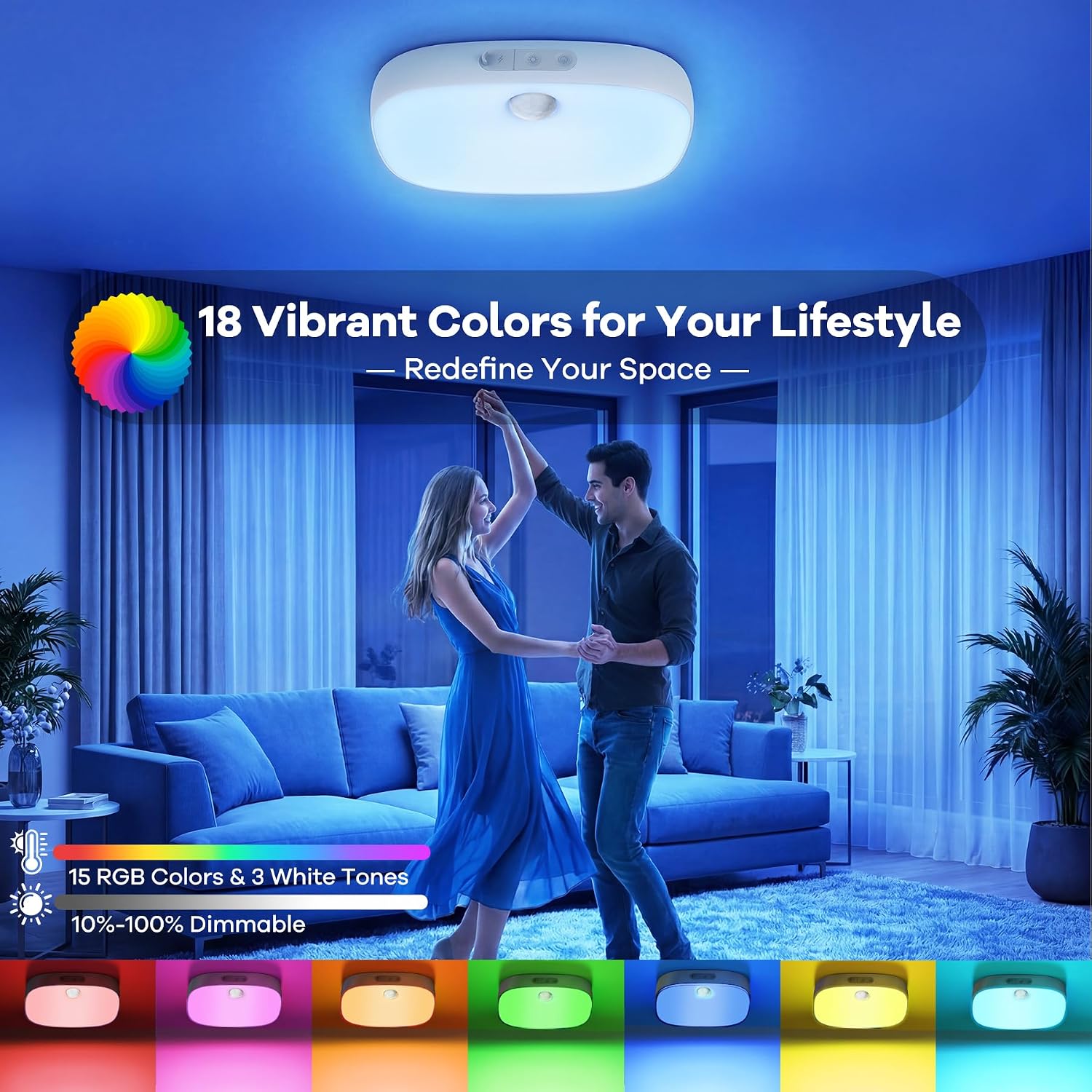 Detalle de ToyGlee Shower Light IP65 Waterproof: 18-Colour Motion Sensor Ceiling Light with 10000mAh Battery