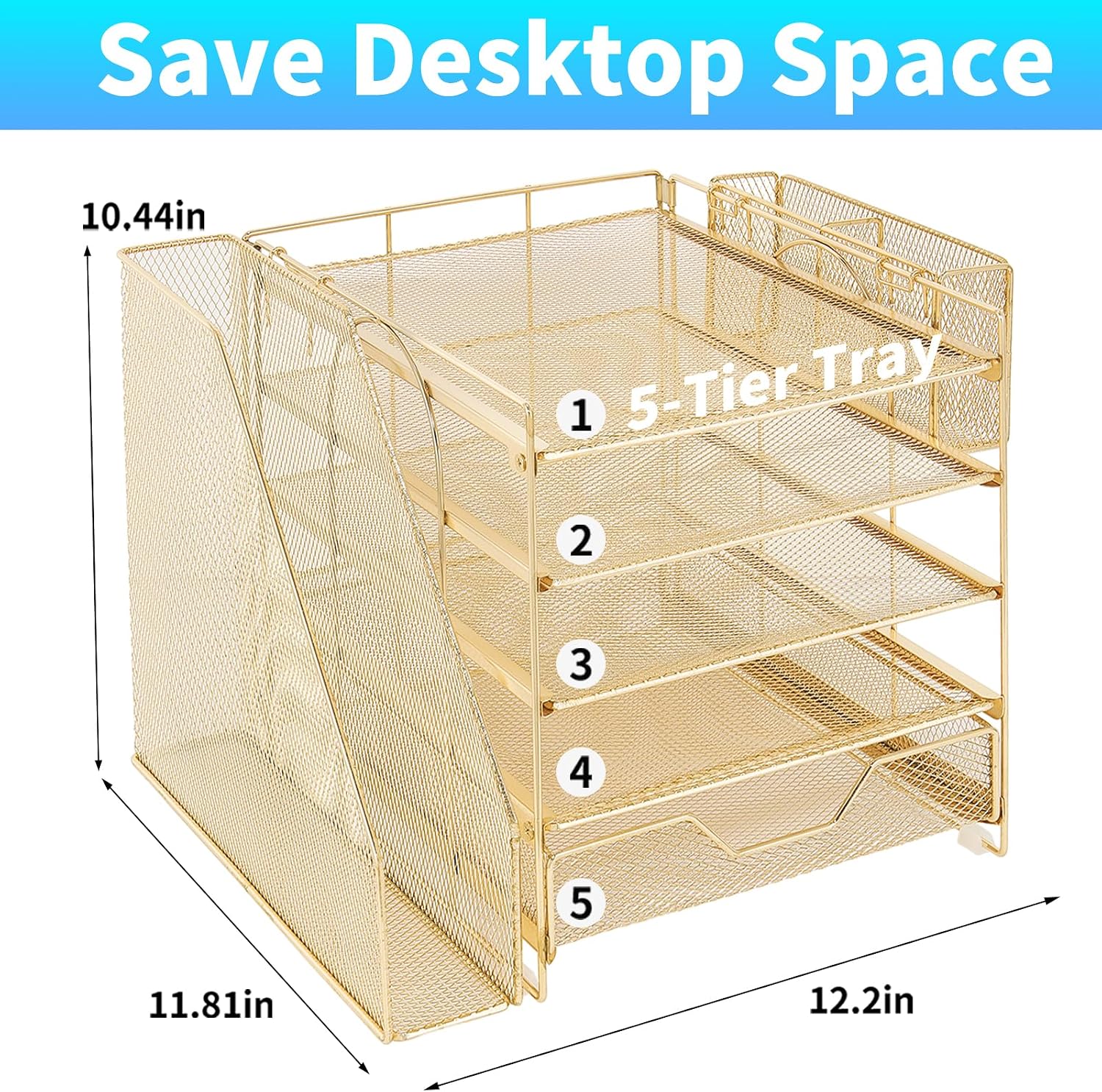 Detalle de Gugsey 5-Tier Desk File Organizer with Drawer and Pen Holder, Gold