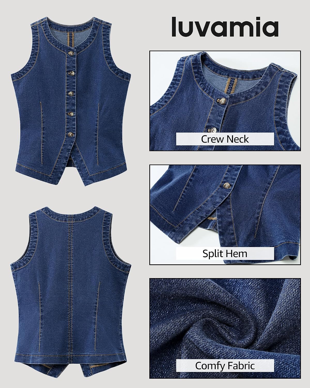Detalle de luvamia Denim Vest for Women: Sleeveless Stretchy Jean Waistcoat