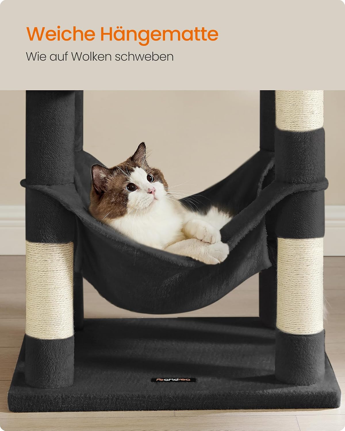 Detalle de Feandrea Kratzbaum, 143 cm hoch – vielseitiges Katzenhaus mit zwei Plattformen, Höhle und Hängematte
