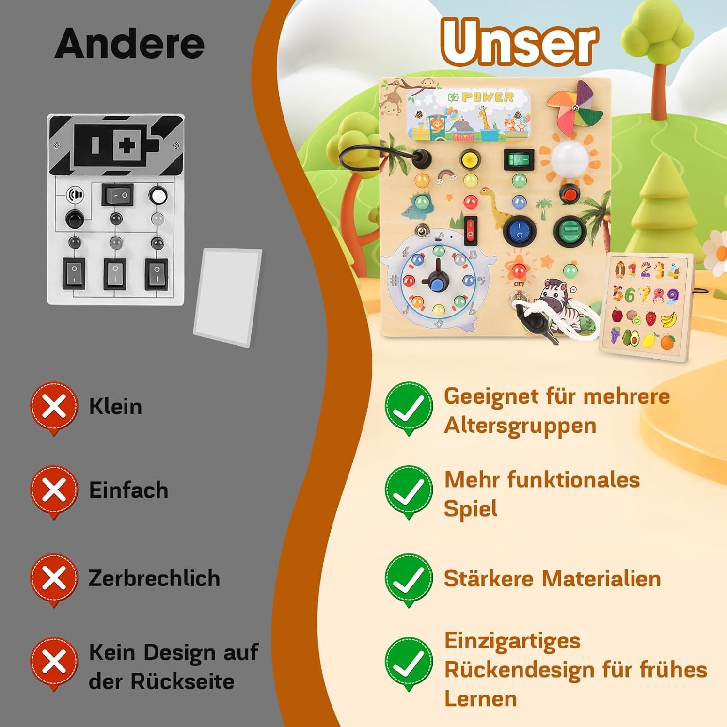 Detalle de MILFECH Montessori Busy Board aus Massivholz – Aktivitätsbrett mit 10 Schaltern und 17 LEDs