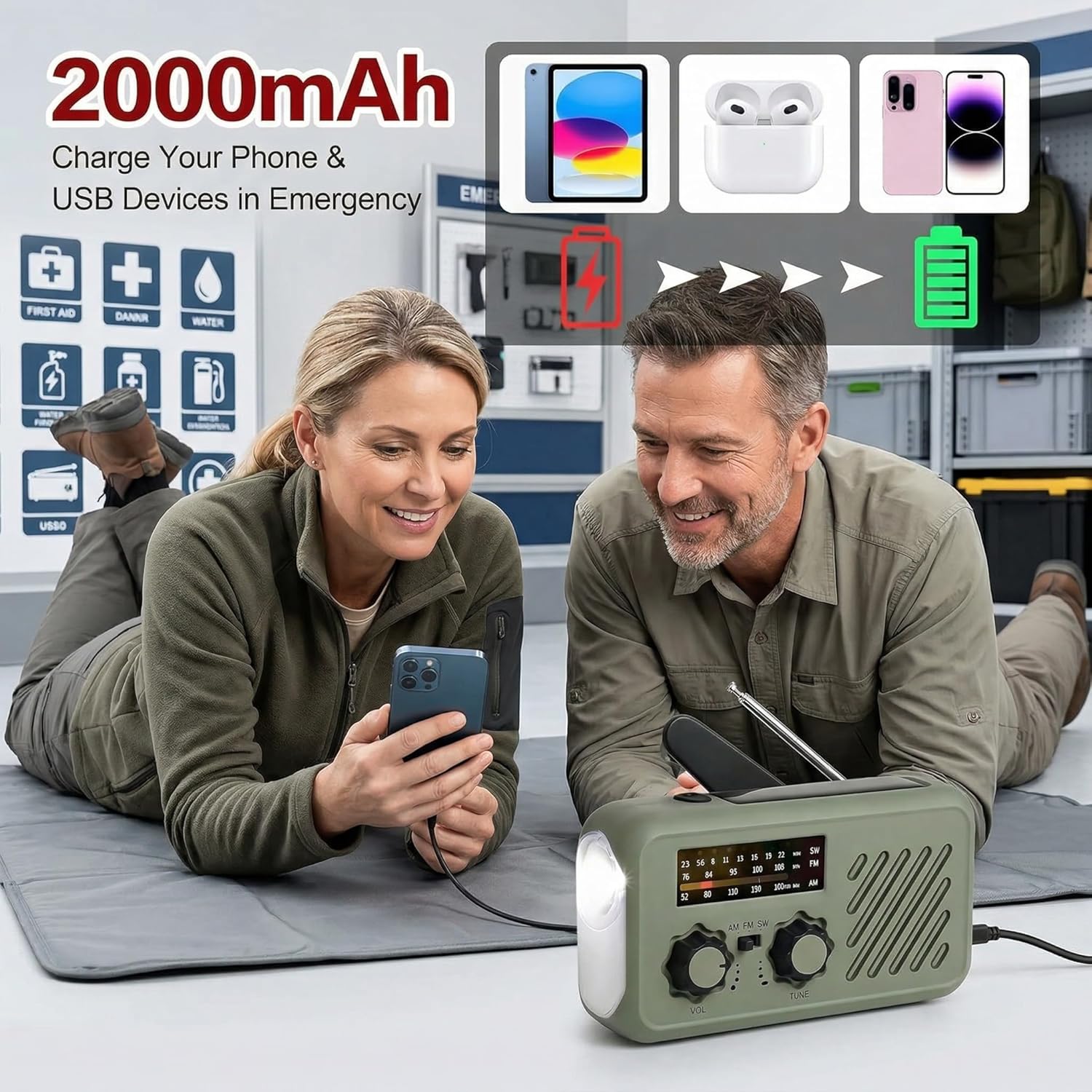 Thumbnail 2 de Radio di emergenza portatile con alimentazione solare e manovella: 2000 mAh, allarme SOS e torcia 3W