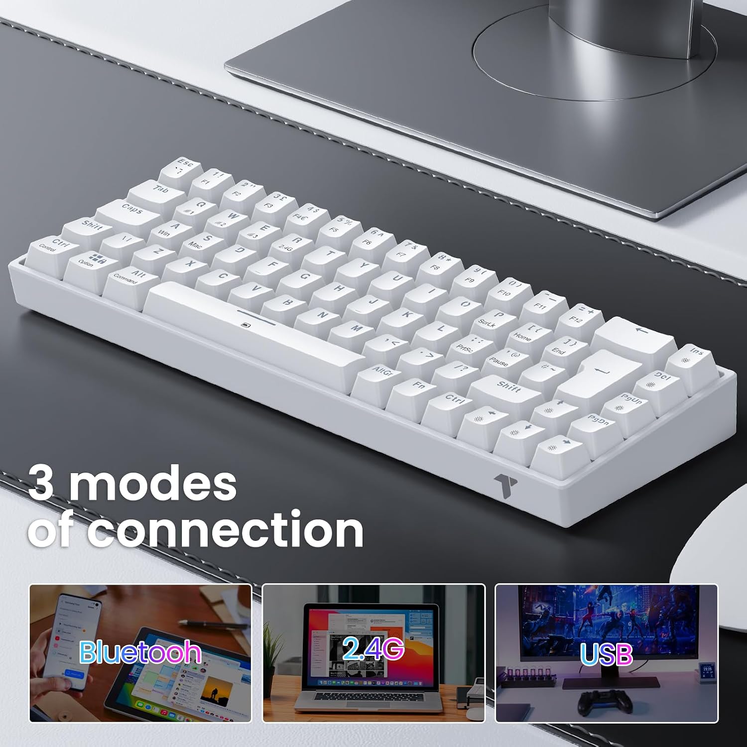 Detalle de TECURS Wireless Mechanical Gaming Keyboard RGB UK Layout 65% (65%) TKL with Red Switches, 2.4G/Bluetooth/Wired, Easy multi-device pairing