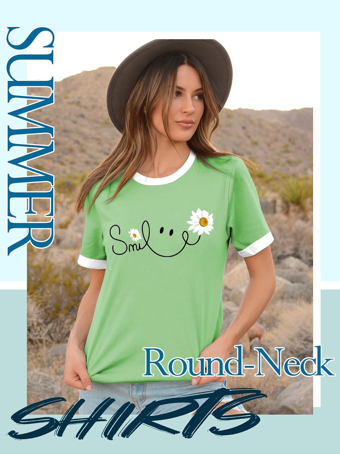 Thumbnail 3 de Yihelian Daisy Print Rundhals Top für Damen – Sommerliches Kurzarm-T-Shirt mit Smile-Print