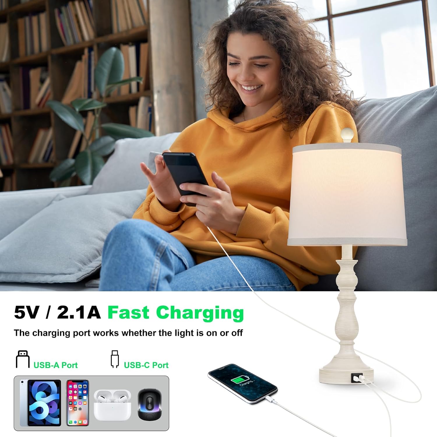 Detalle de Leasgy L-2T-138-B Table Lamps Set of 2, USB-A and USB-C Ports