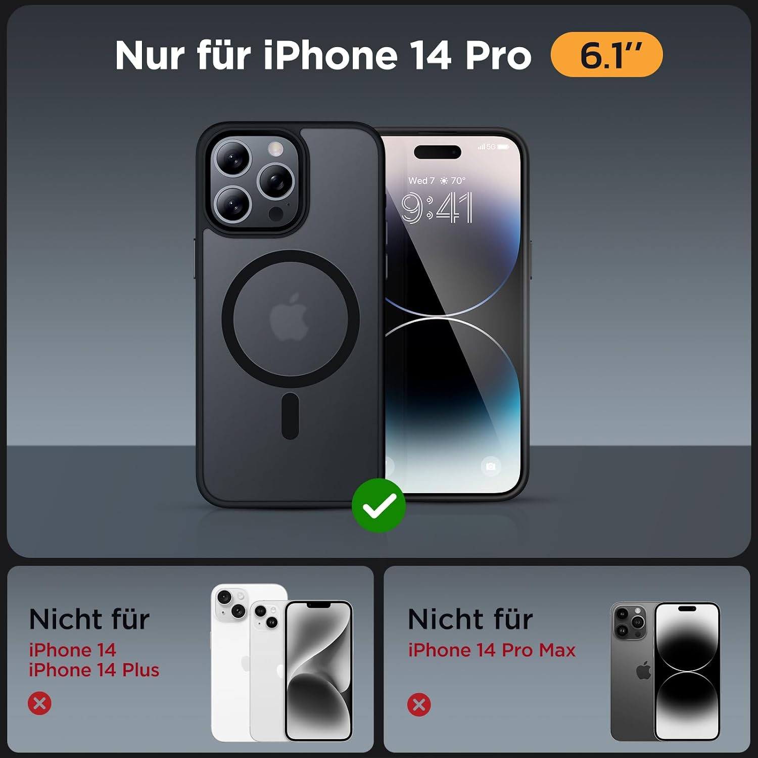 Detalle de Miracase Hülle für iPhone 14 Pro (6,1 Zoll) mit MagSafe, 2 Panzer Glas – Militärschutz & Magnetkraft, matt-schwarz