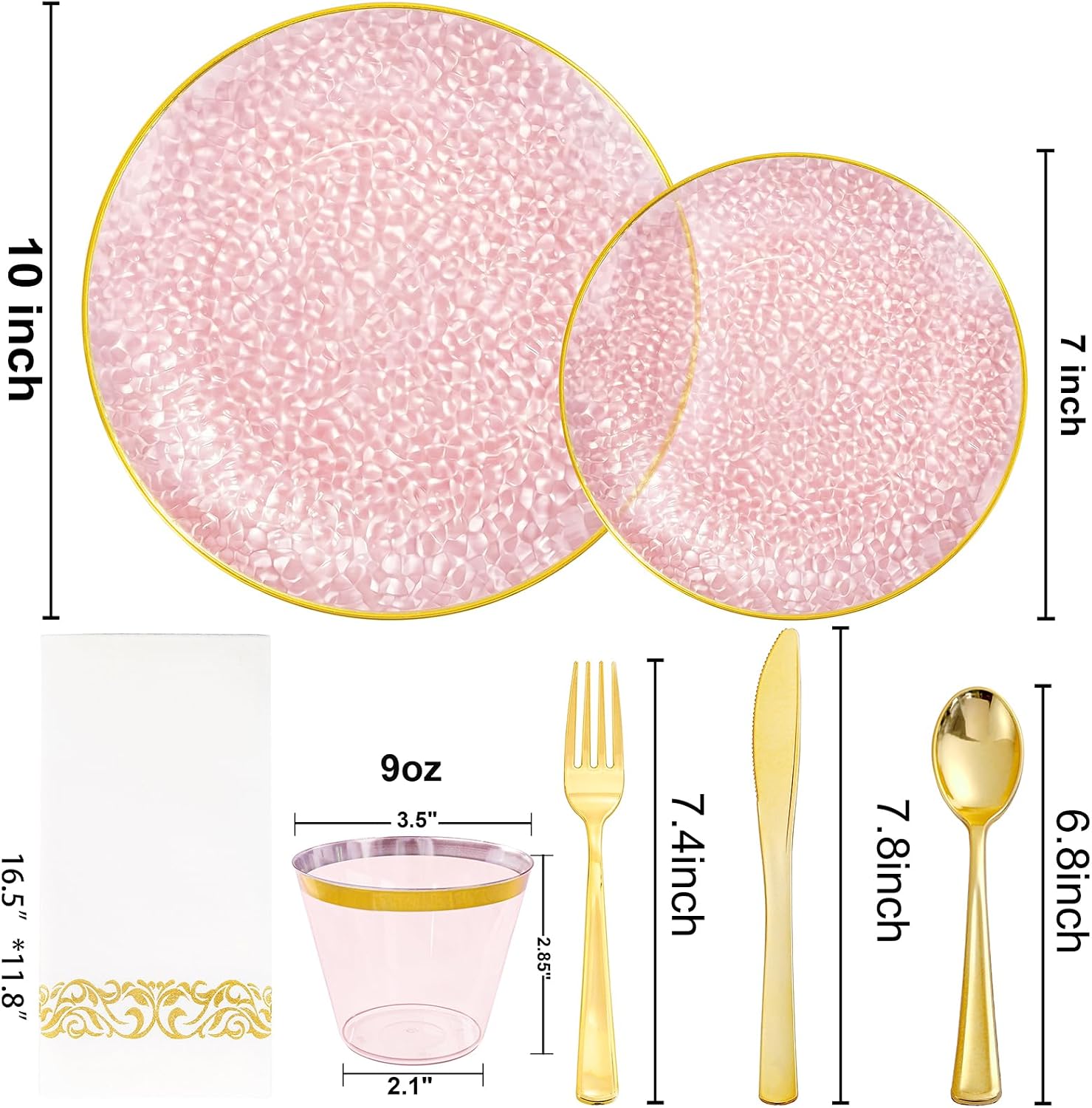 Thumbnail 1 de Rubtlamp 350 Pcs Clear Pink Plastic Plates with Pink Gold Rim Dinnerware Set (50 Guests)
