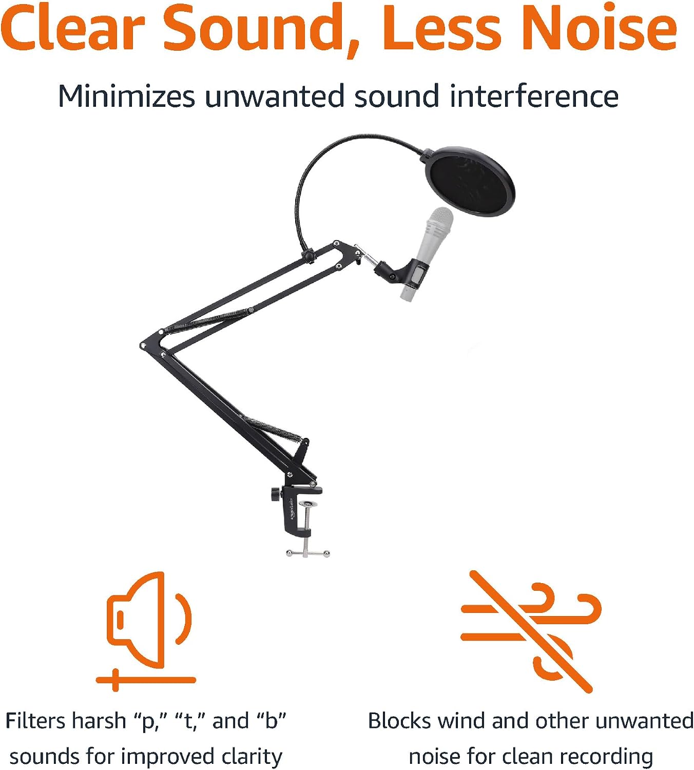 Detalle 2 de Amazon Basics Adjustable Microphone Arm Stand with Pop Filter & Foam Windscreen (14-inch) – Table Mount, 360° rotation