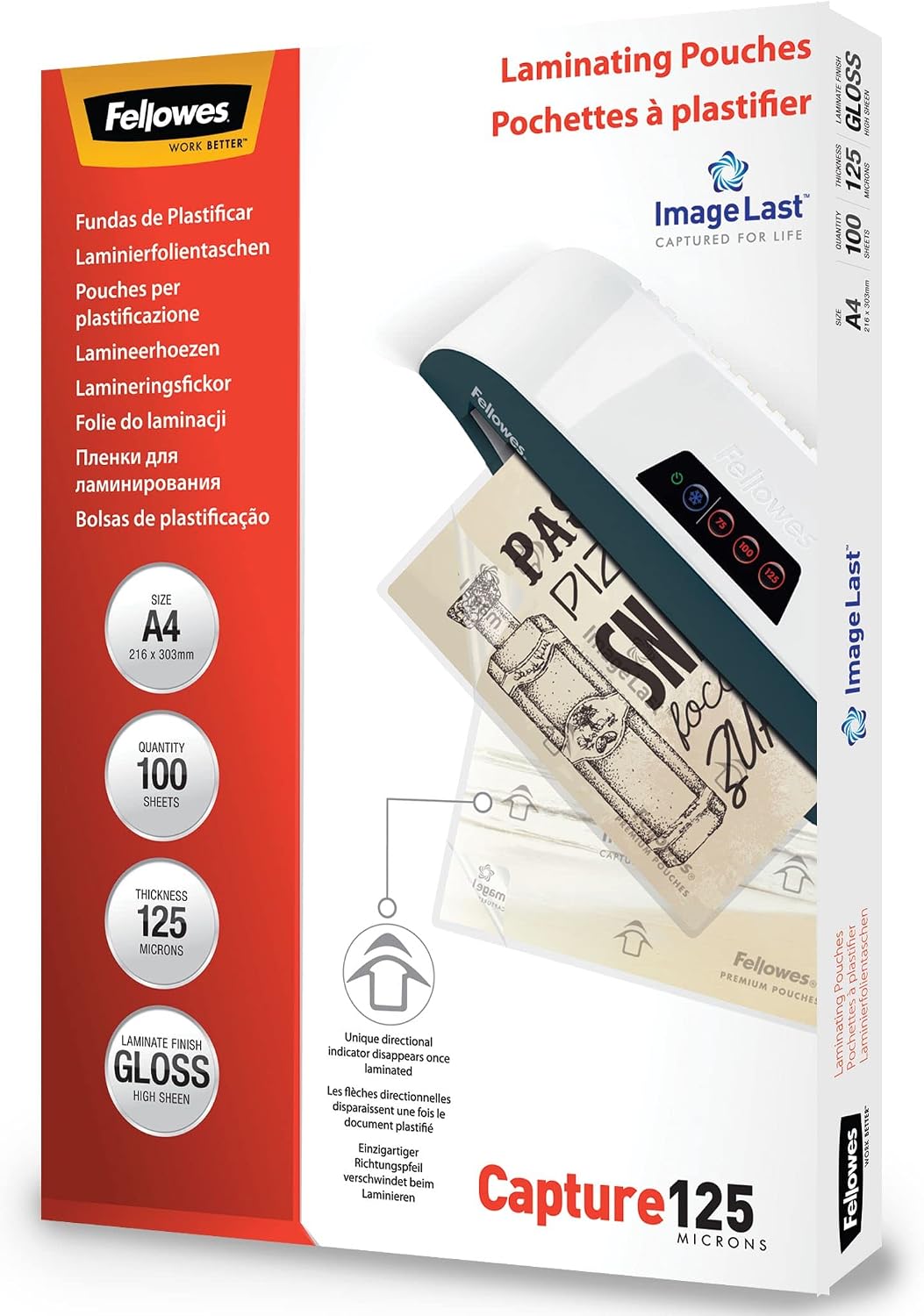 Fellowes A4-Laminierfolien, glänzend, 100 Blatt, 250 Mikron (2×125), Image Last Qualität – ideal für Fotos, Notizen & täglichen Gebrauch