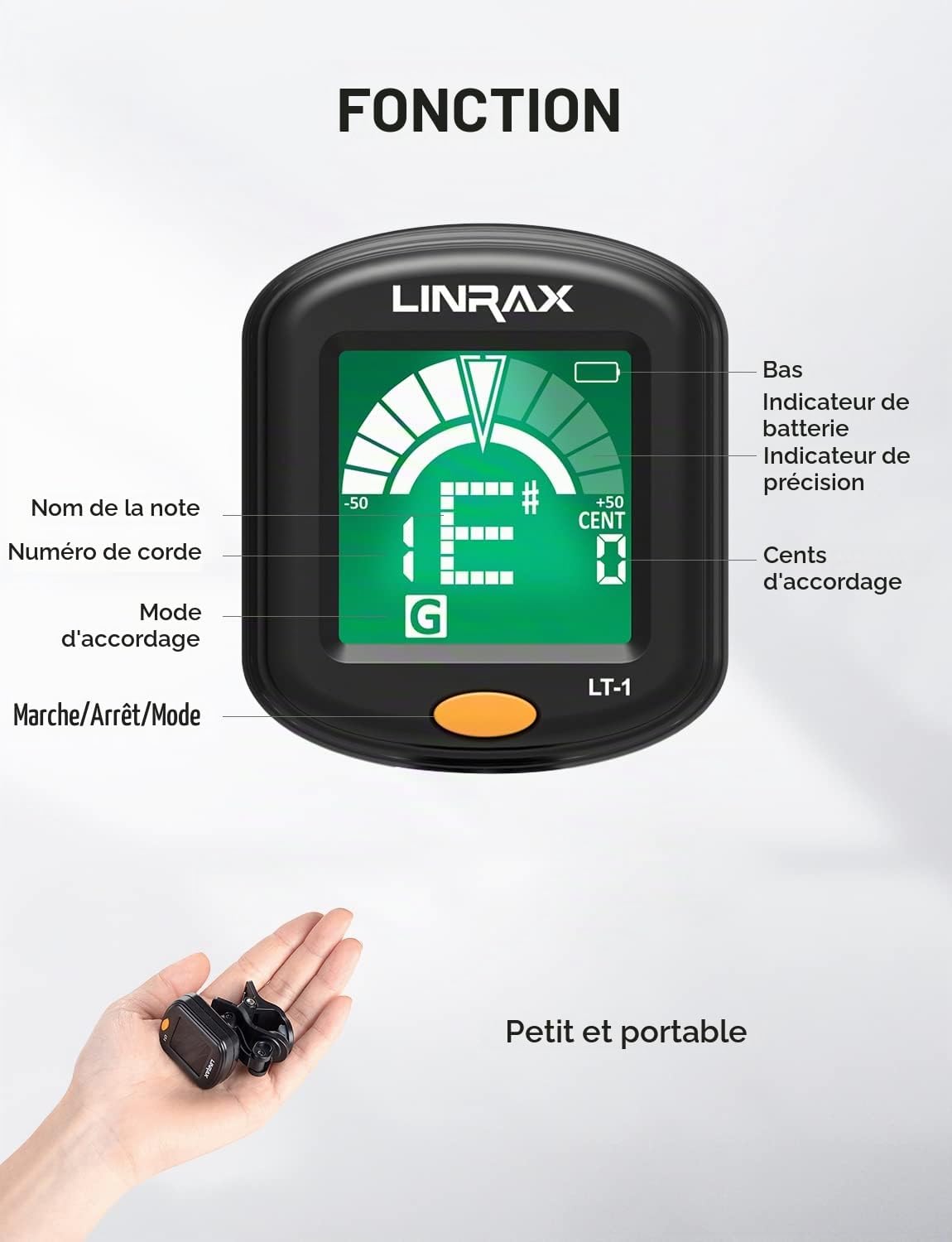Detalle de LINRAX LT-1 clip-on stemapparaat met 5 modi en draaibaar lcd-scherm