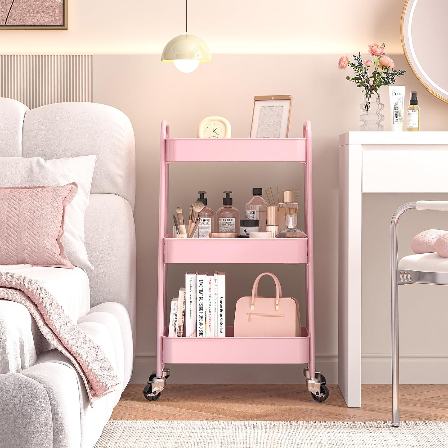 Detalle de TOOLF RY131218 3-Tier Metal Rolling Cart, Pink, Tool-Free Assembly