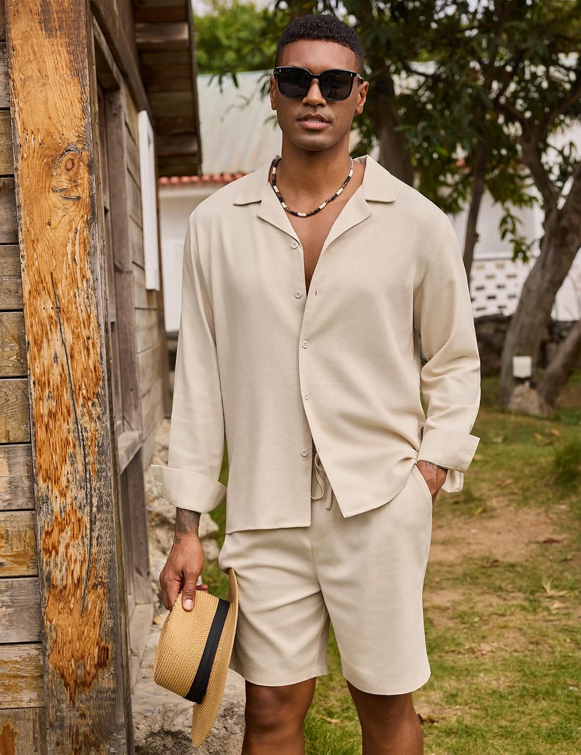 Detalle 2 de URRU Men's Linen-Blend Shirt and Shorts Set