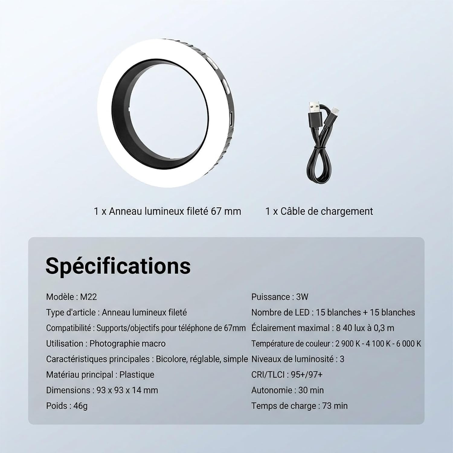 Thumbnail 6 de NEEWER Basics M22 anneau lumineux LED fileté 67 mm (bicolore, rechargeable, CRI95+)
