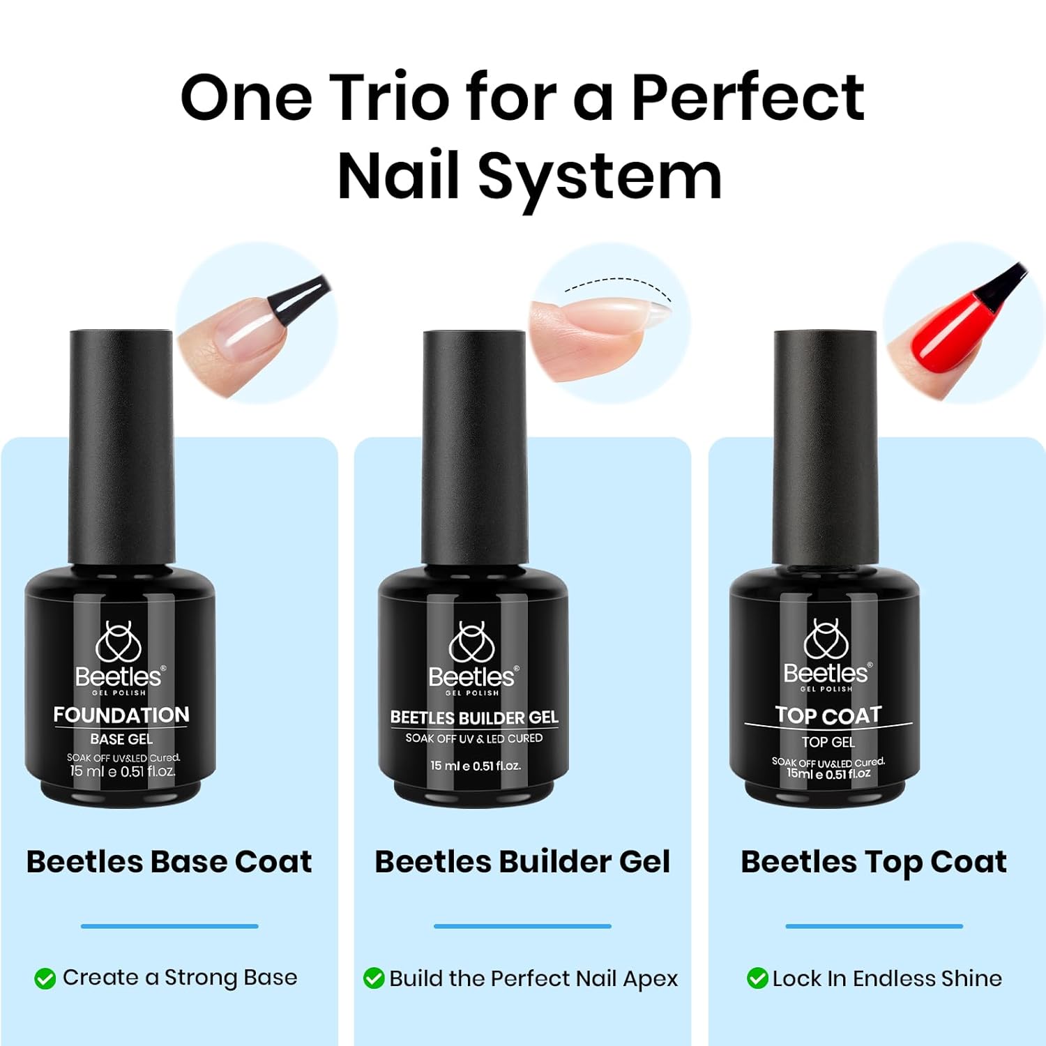 Thumbnail 1 de Beetles 3Pcs 15ml Builder Gel Set with No-Wipe Top Coat: Shine, Strength, and Smooth Extension in One Kit