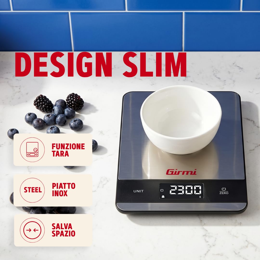 Detalle de Girmi PS05 Bilancia da Cucina Digitale – 5 kg, Piatto Inox, Tara