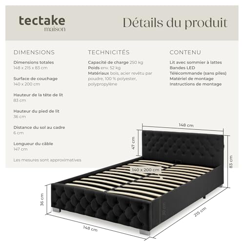 Thumbnail 1 de tectake Lit capitonné 140x200 avec sommier, coffre et éclairage LED – cadre acier époxy, tête de lit design Chesterfield