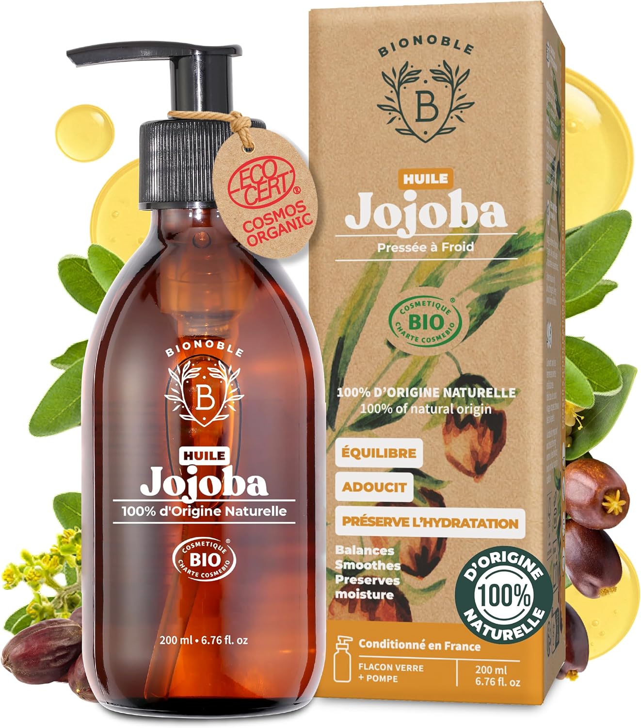 BIONOBLE Huile de Jojoba Bio Pressée à Froid 100% Pure – Équilibre le Sébum, Adoucit, Anti-Acné