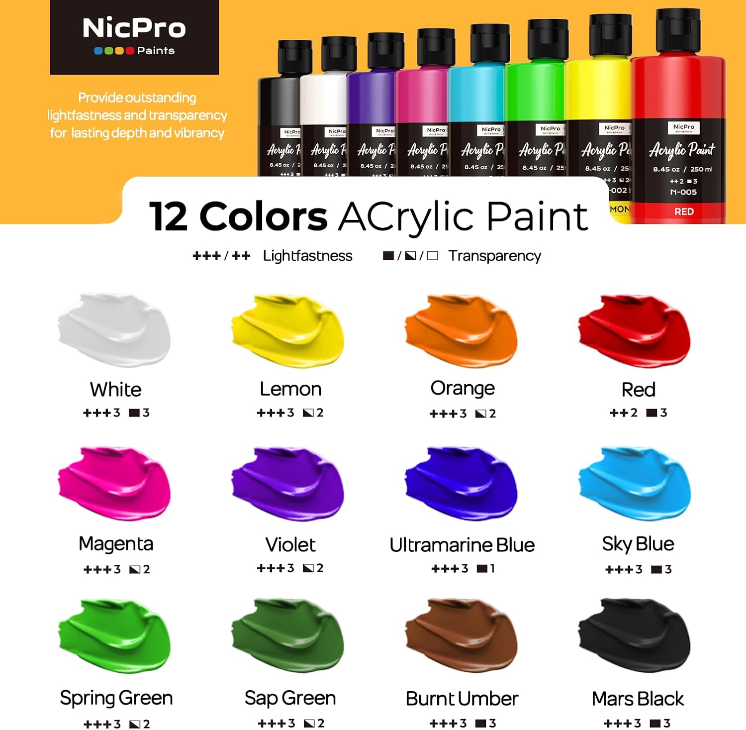 Thumbnail 6 de Nicpro 12 Colors Large Bulk Acrylic Paint Set – 8.45 oz (250 ml) for Multi-Surface Projects