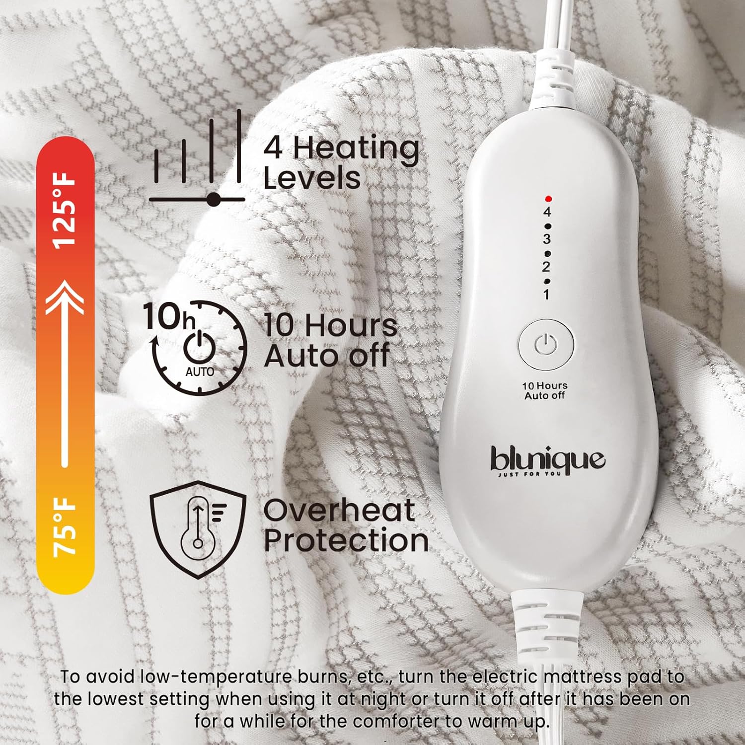 Detalle 2 de blunique Electric Heated Mattress Pad Queen Size with Dual Control