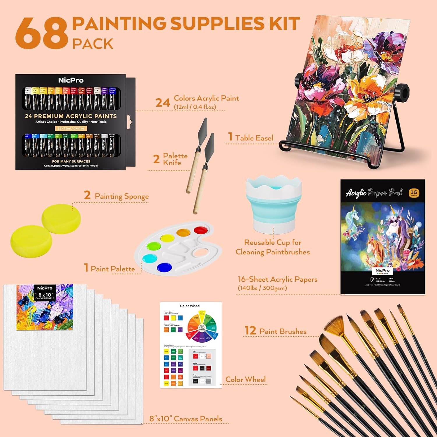 Detalle de Nicpro 68PCS Acrylic Paint Canvas Set – Complete Beginner Painting Kit