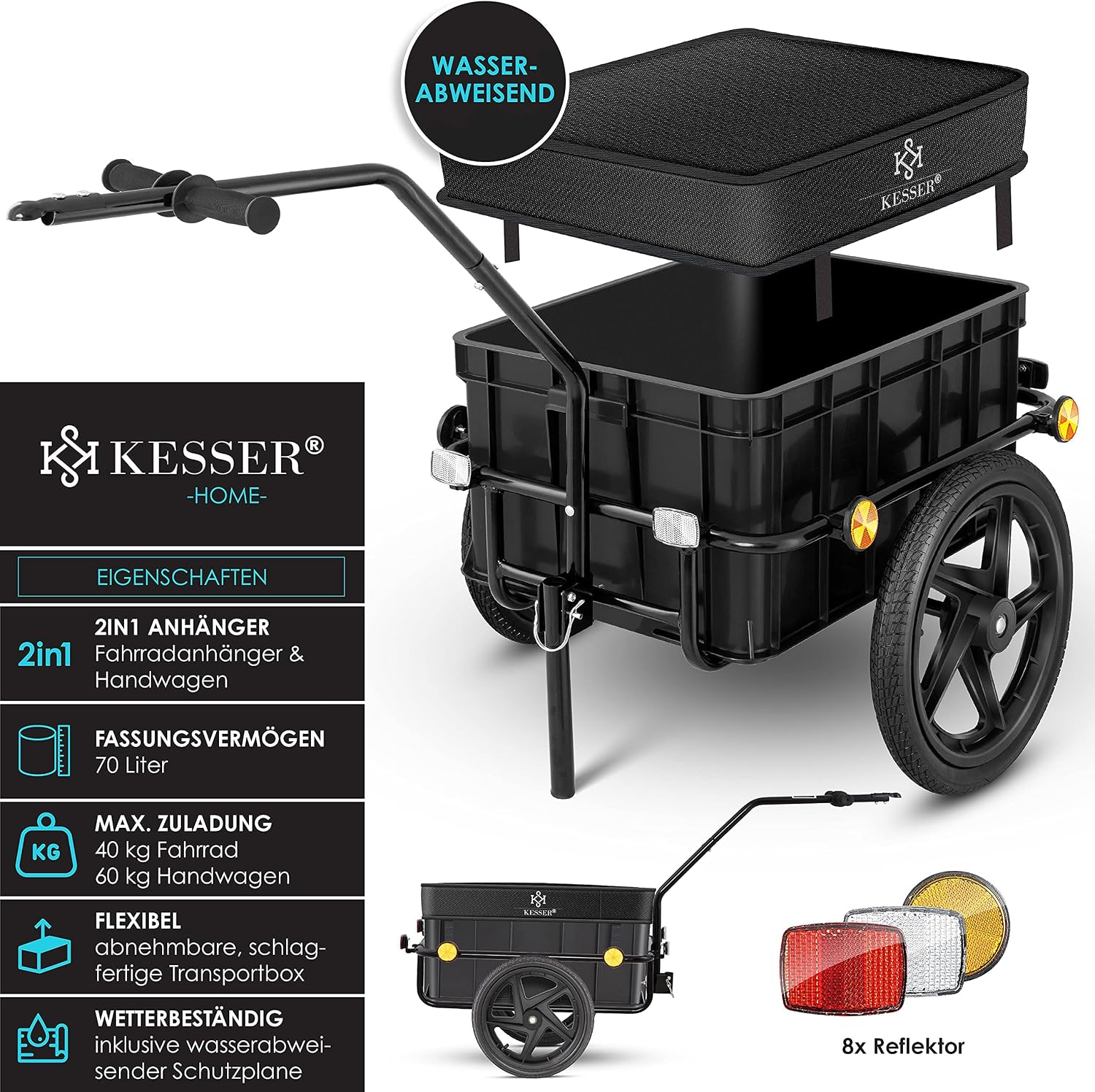 Detalle 2 de KESSER Fahrradanhänger/Lastenanhänger mit Kupplung, Hochdeichsel und 70-Liter-Transportbox (für 2 Bierkästen)