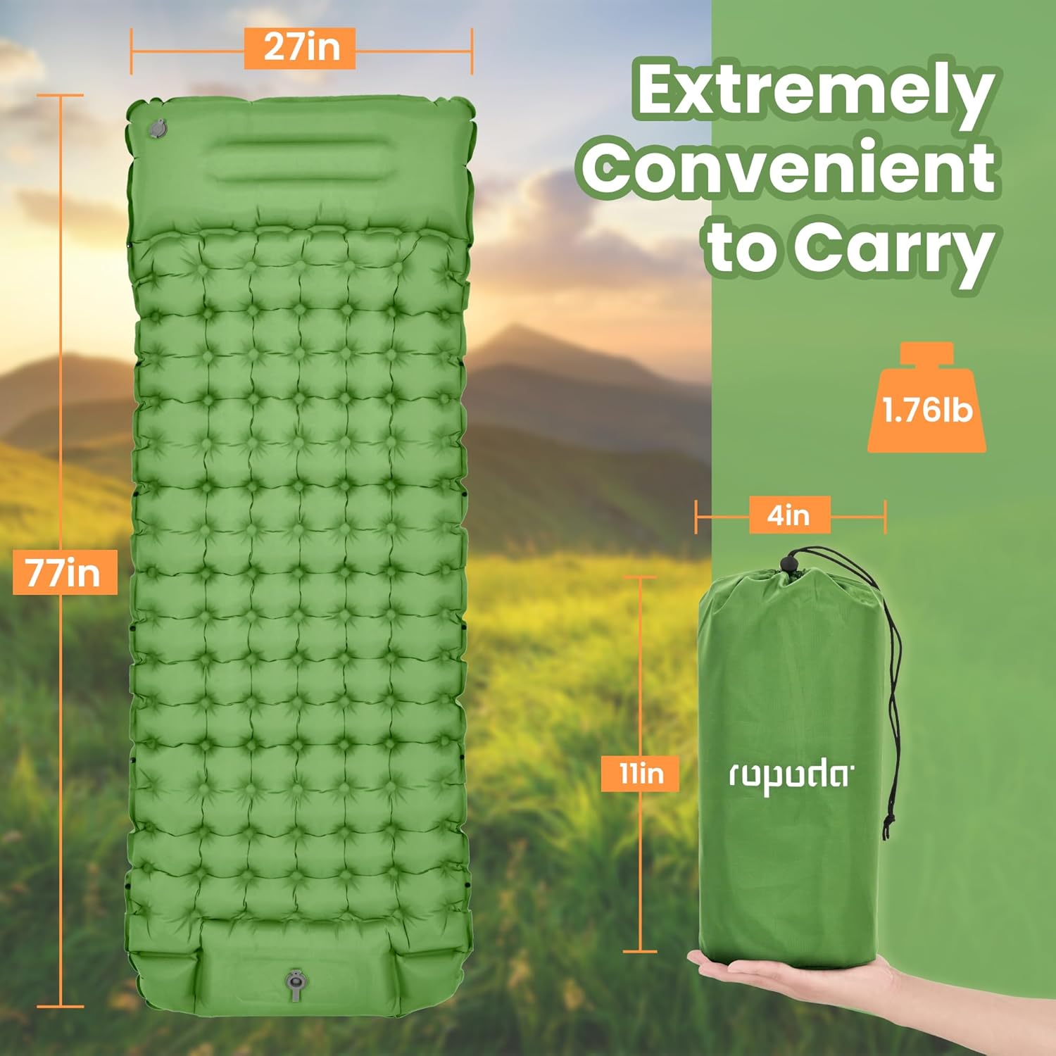 Thumbnail 5 de ROPODA Ultralight Sleeping Mat with Built-In Foot Pump – 77" x 27" x 3.9" (Green)