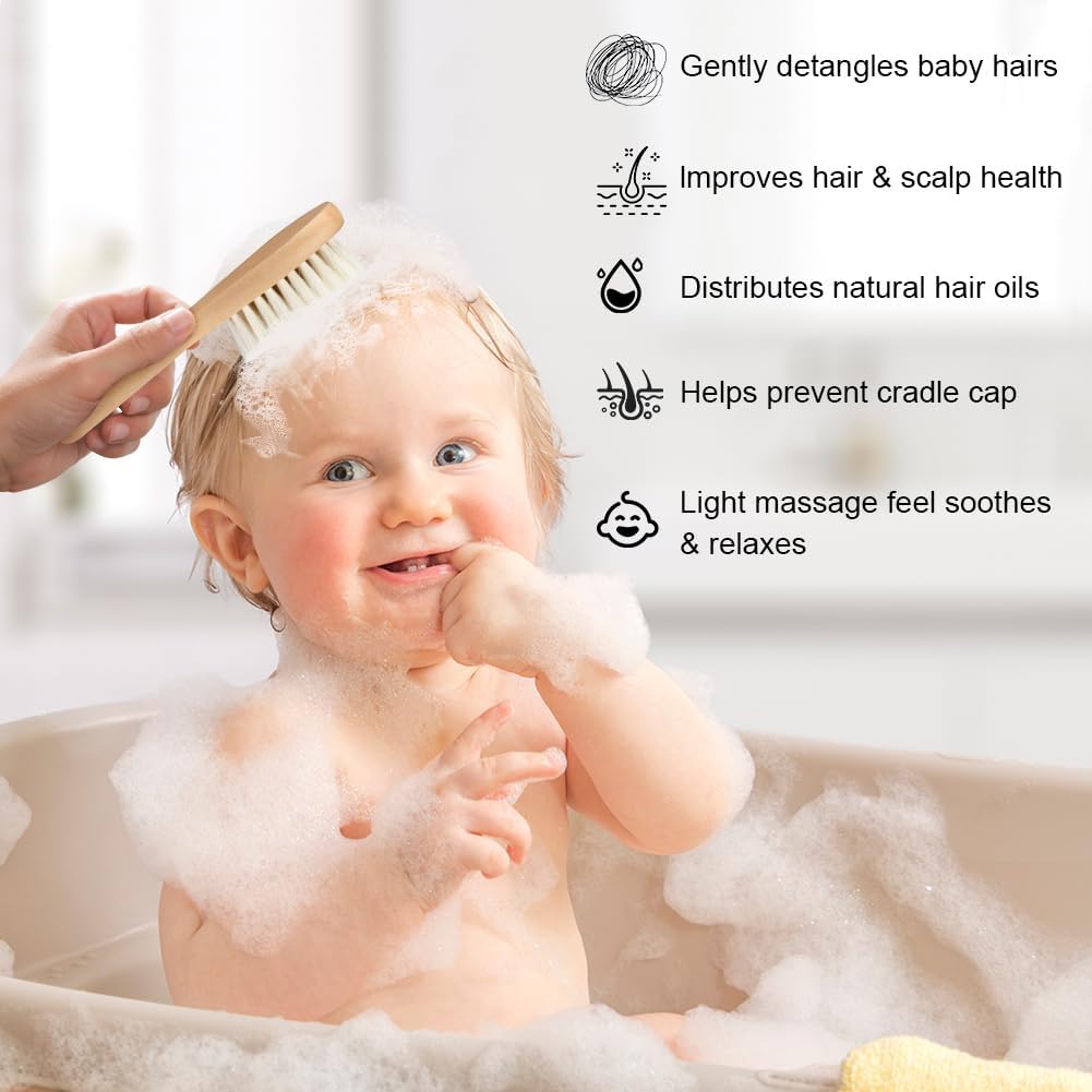 Detalle de Aolso Brosse Cheveux Bébé – Lot 3 pcs, bois naturel et poils de chèvre doux