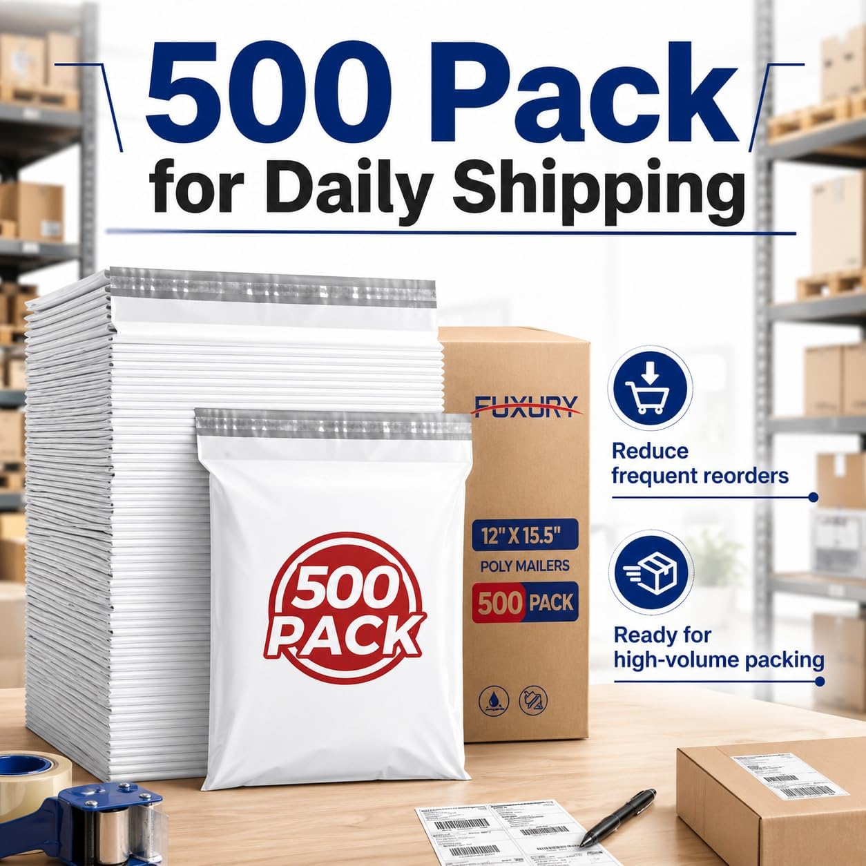 Detalle 2 de Fuxury 12x15.5-Inch Poly Mailers, 500-Pack White Self-Seal Shipping Bags