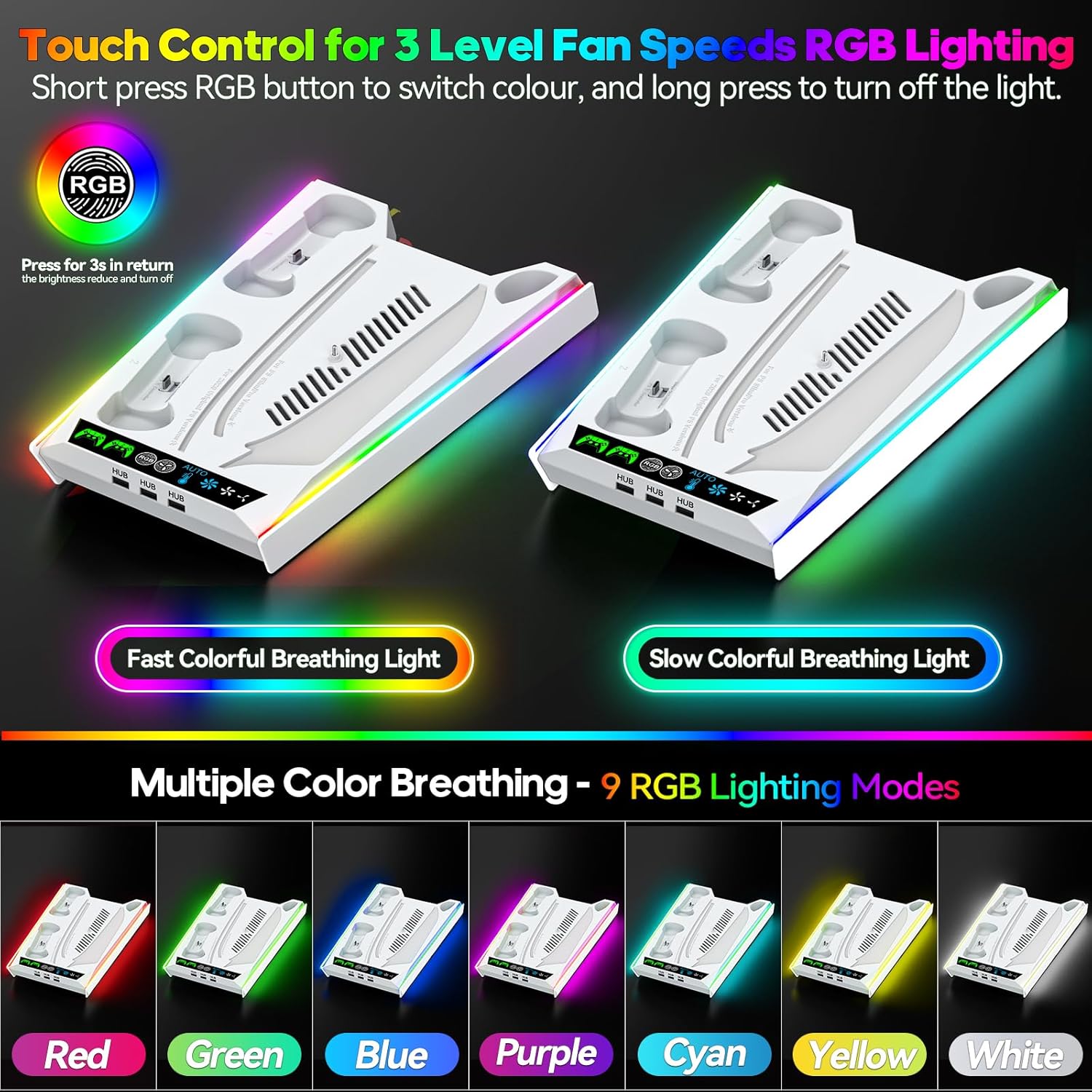 Thumbnail 6 de PS5 Slim/Pro Ständer mit 3-stufigem Lüfter & RGB-LED sowie Controller-Ladestation (Disc & Digital), Weiß