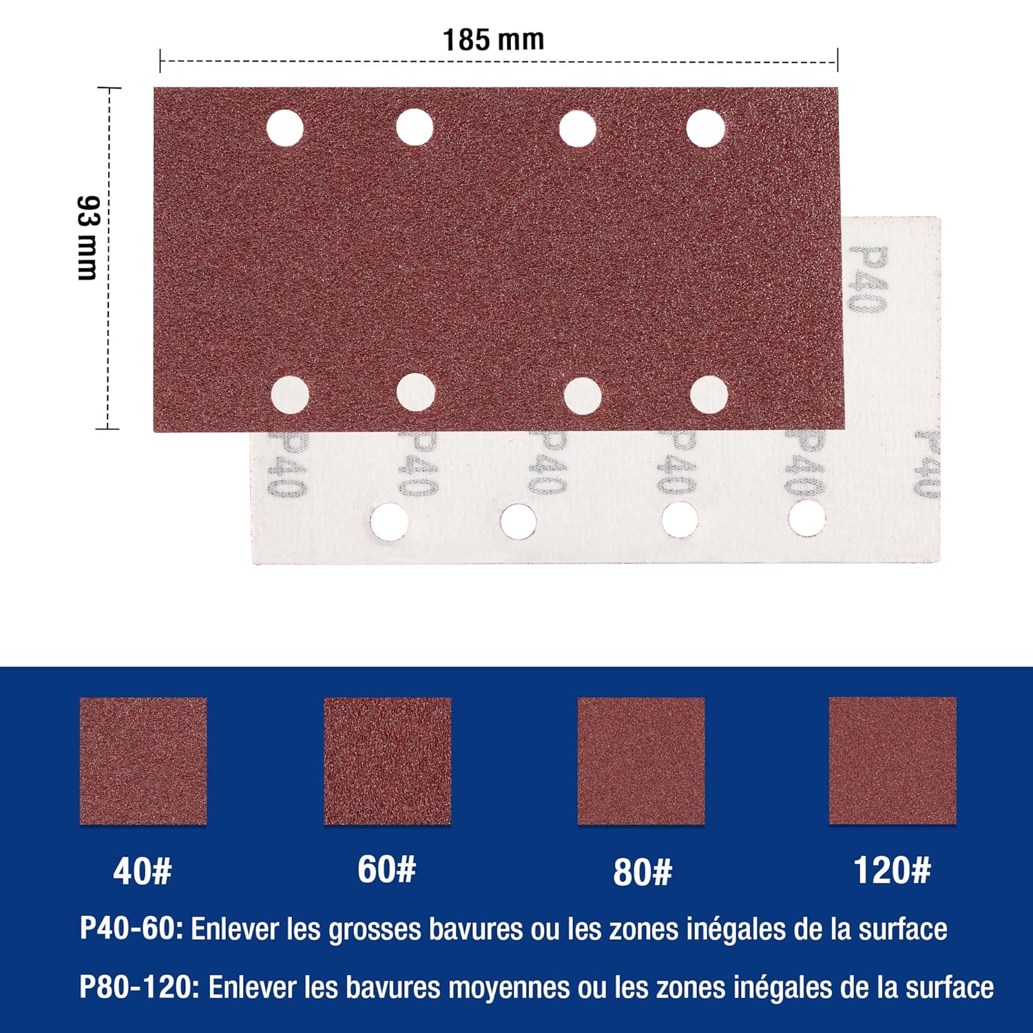 Detalle 2 de WORKPRO Disques de Ponçage 100 Pièces – Jeux rectangulaires à 8 trous (185 × 93 mm) multi-grain