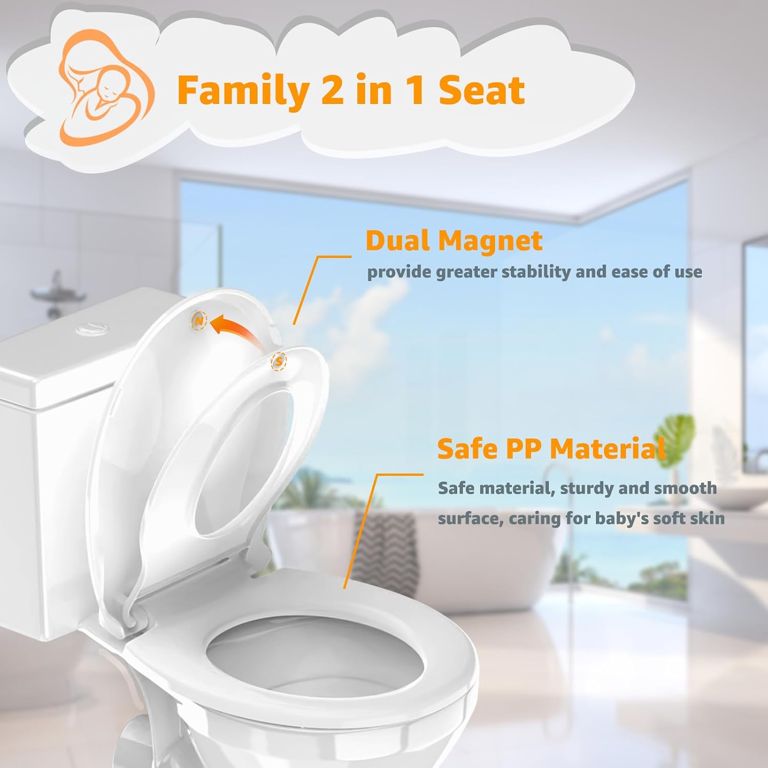 Detalle de Huttdmel HTW004 Round Toilet Seat with Removable Toddler Seat, Magnetic Hold, White