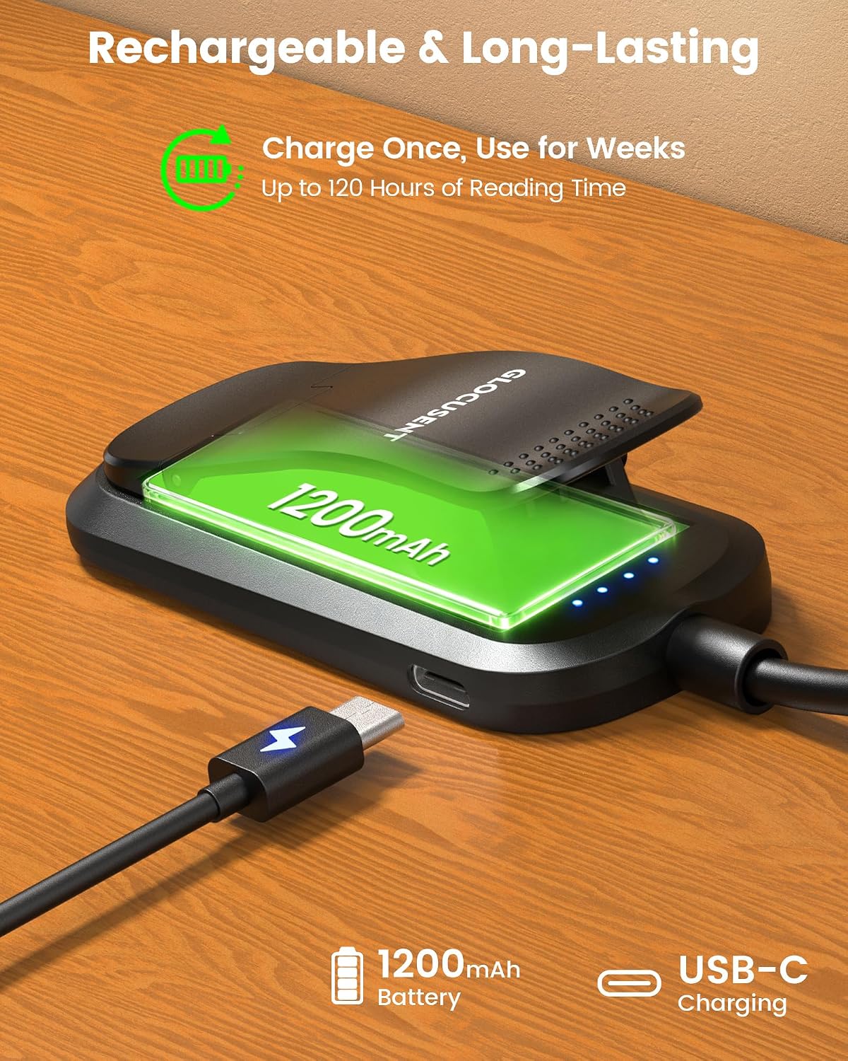 Detalle de Glocusent Lampe de Lecture Livre – 120 h d’autonomie, 5 températures et USB-C