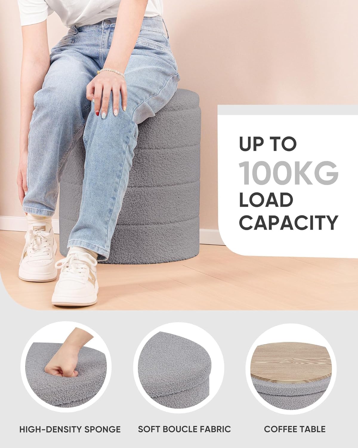 Thumbnail 3 de Bonlife Boucle Ottoman Storage Sherpa Footstool with Folding Storage, Grey (37x37x45 cm)