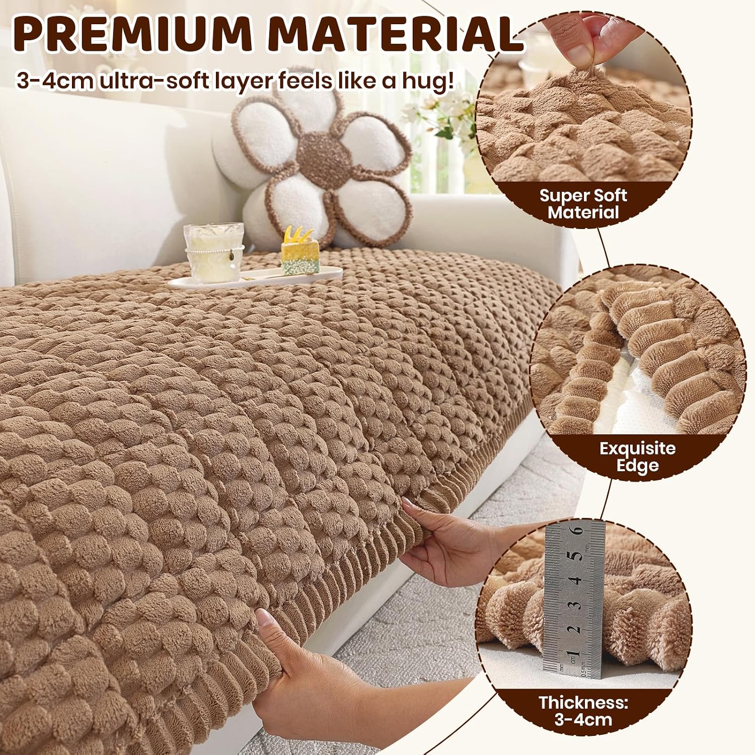 Detalle de Royhom copridivano in peluche corto marrone 70 x 70 cm (modulare, antiscivolo)