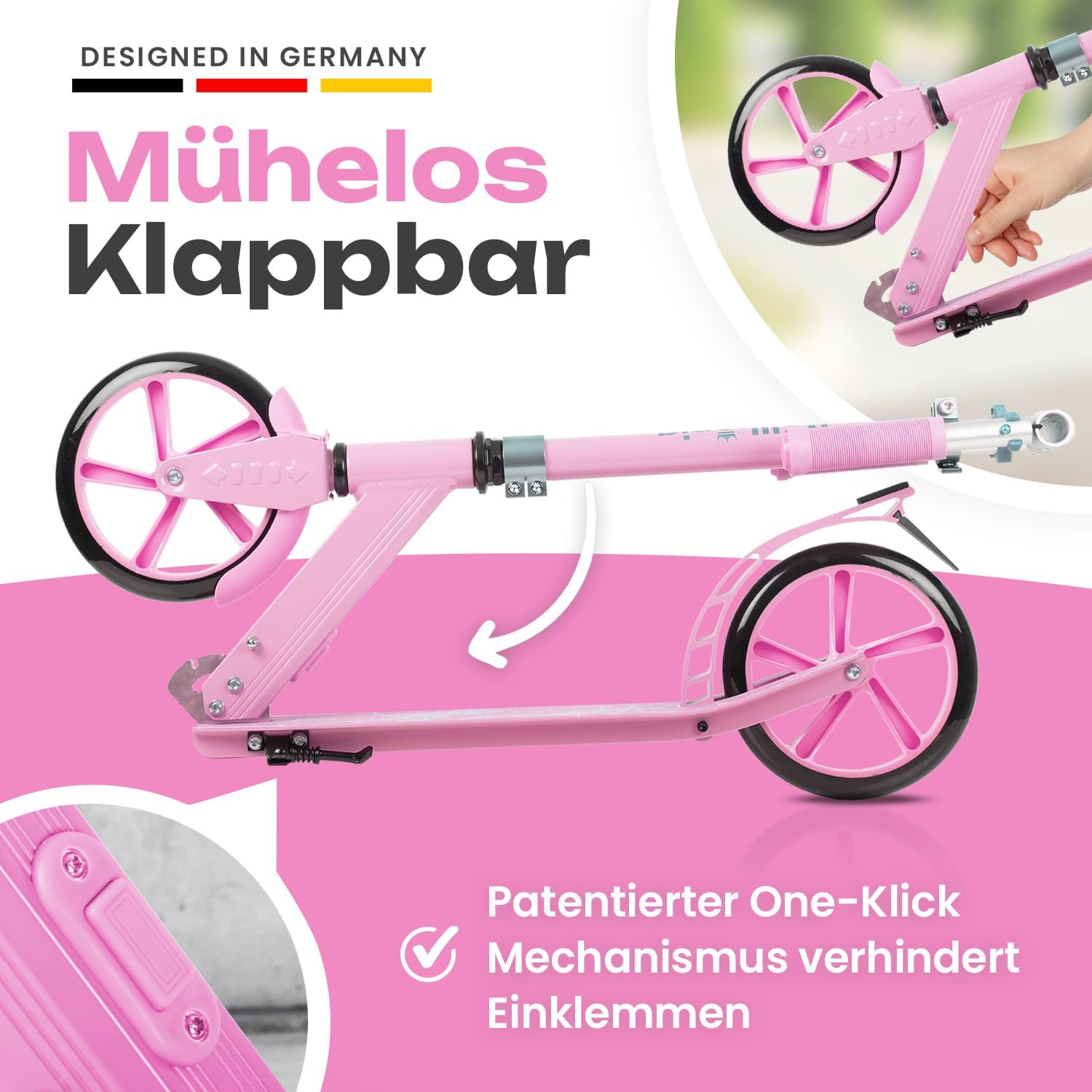 Detalle 2 de Rollkönig faltbarer City-Scooter für Kinder ab 5 Jahren – mit großen Rädern und ein-Knopf-Klappmechanismus