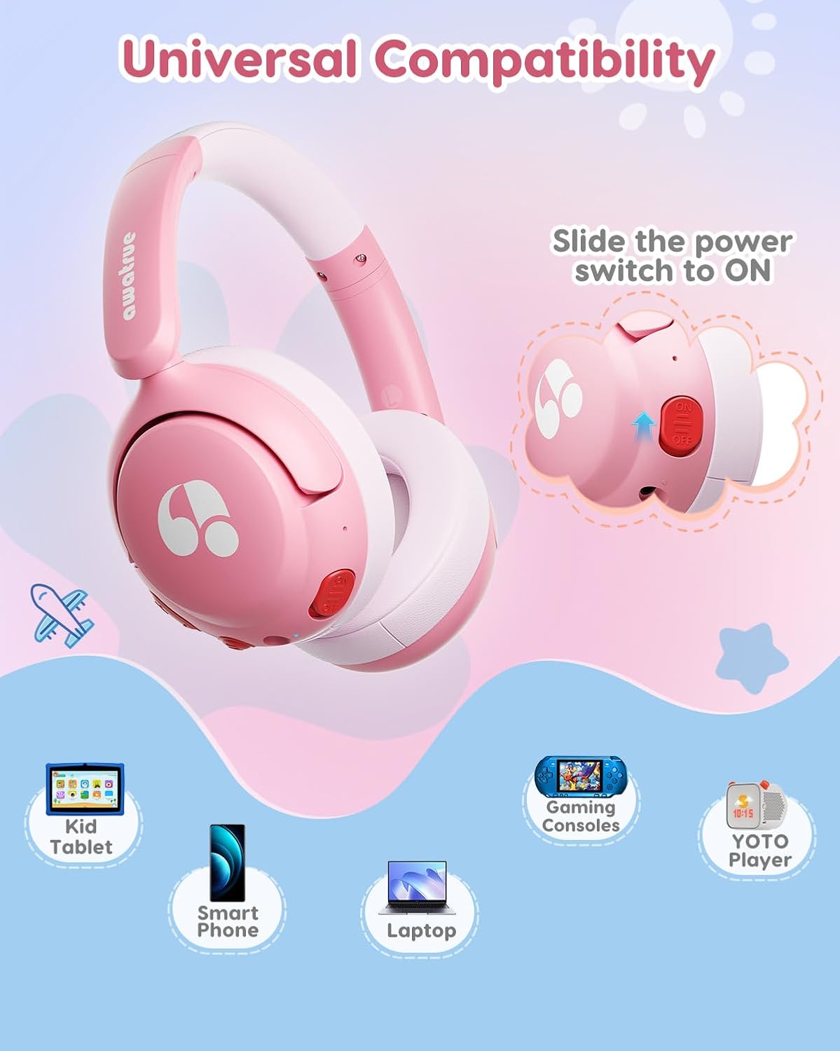 Thumbnail 5 de awatrue Kids Bluetooth Headphones (85dB Volume Limiter) — Foldable Over-Ear Wireless for iPad & Travel, Pink