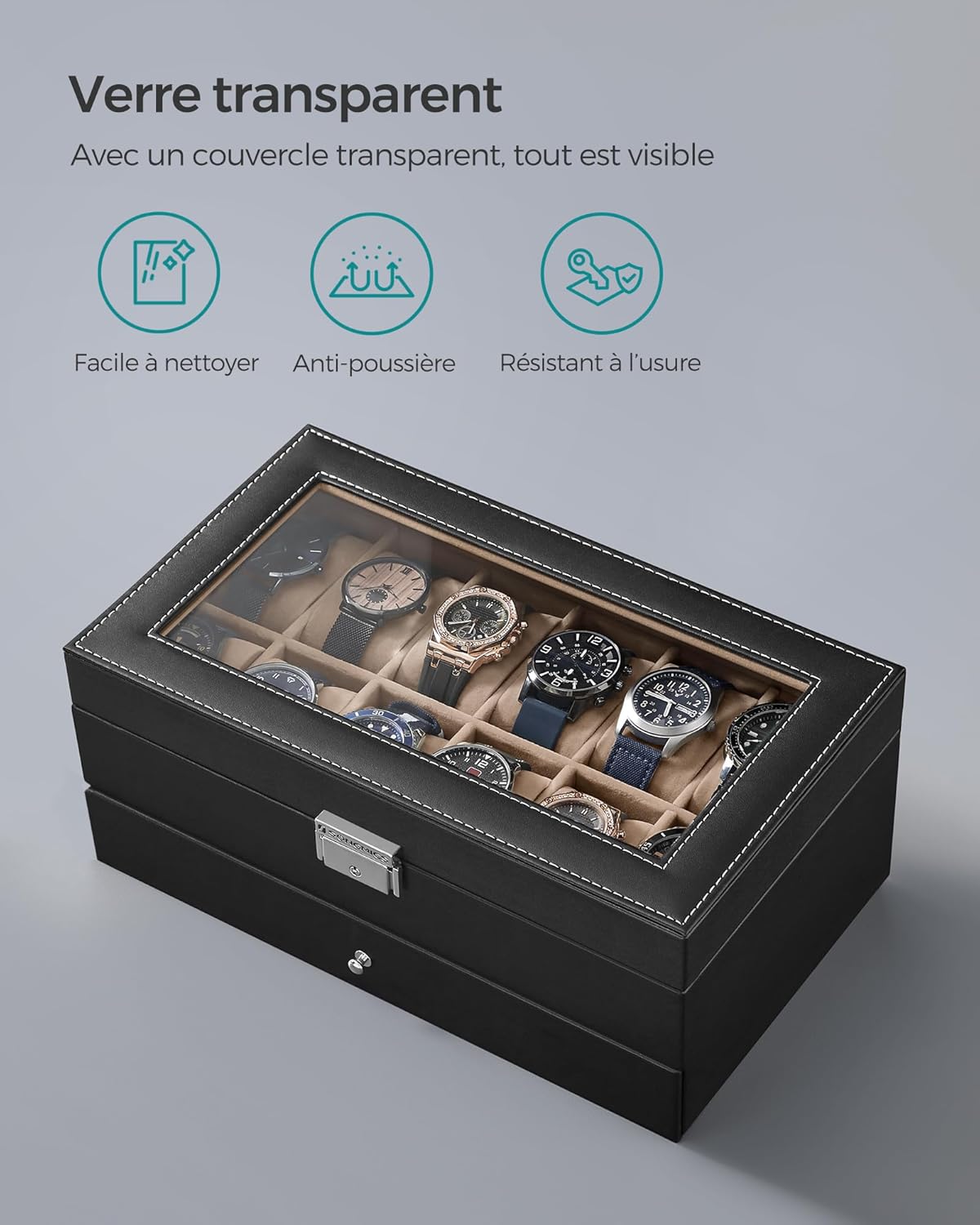 Thumbnail 4 de SONGMICS Boîte à Montres JWB012 – Coffret à 2 niveaux, 12 montres, PU Noir, Doublure beige verdâtre, Verrouillable