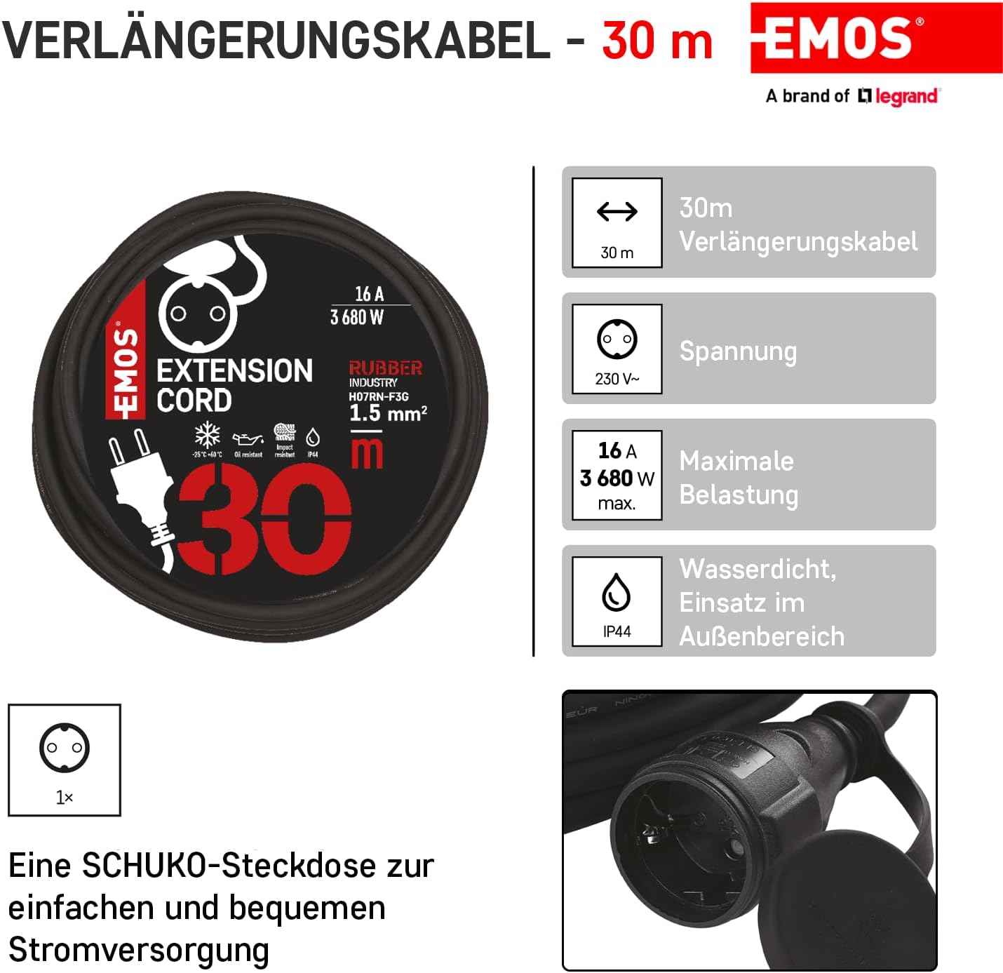 Detalle de EMOS IP44 Verlängerungskabel 30 m (1 Schuko, wasserdicht) – H07RN-F 3G 1,5 mm², schwarz