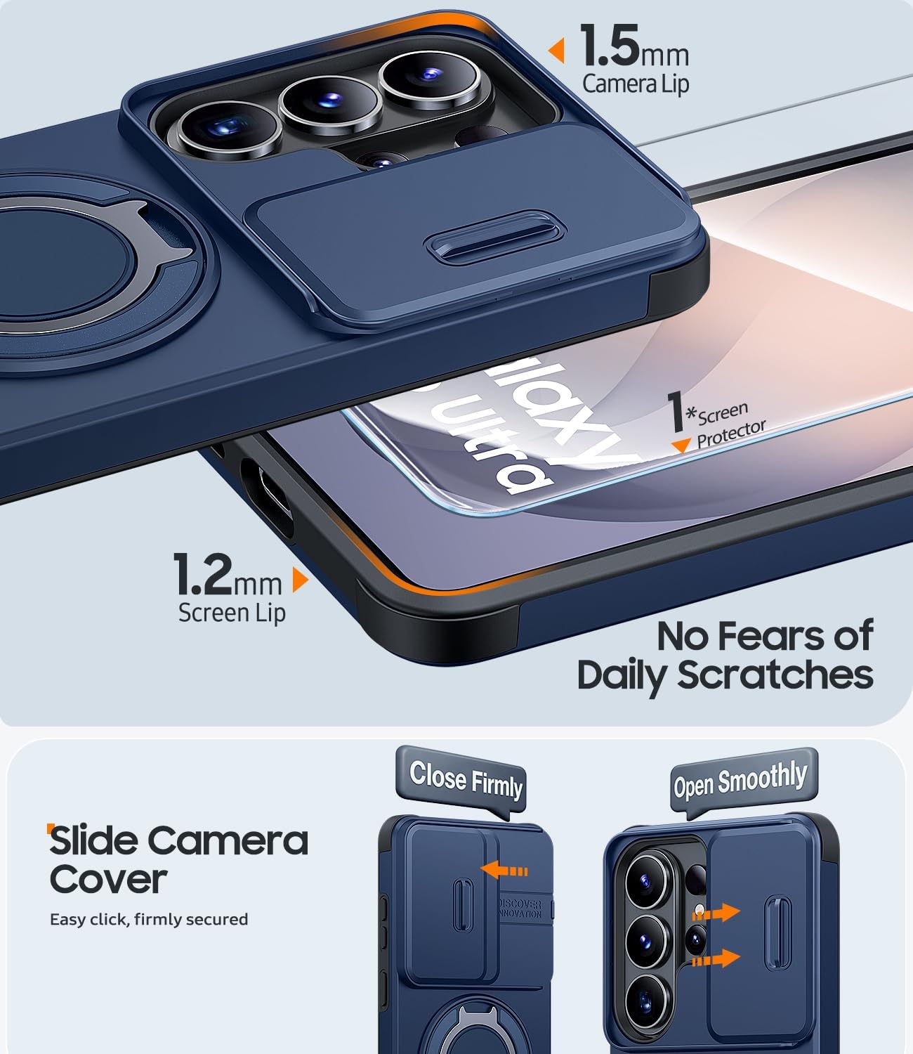 Thumbnail 4 de JAME Galaxy S26 Ultra Case with Ring Holder, Slide Camera Cover, and Screen Protector (Blue)