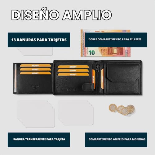 Thumbnail 6 de KRONIFY cartera de piel auténtica Nappa negra con protección RFID y 13 compartimentos