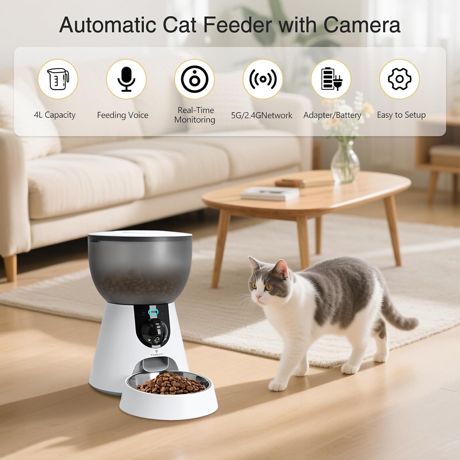 Detalle de Automatic Pet Feeder with Camera (4L) for Cats – 2.4GHz/5GHz WiFi, 1–10 Meals Daily, 304 Stainless Bowl, Dual Power