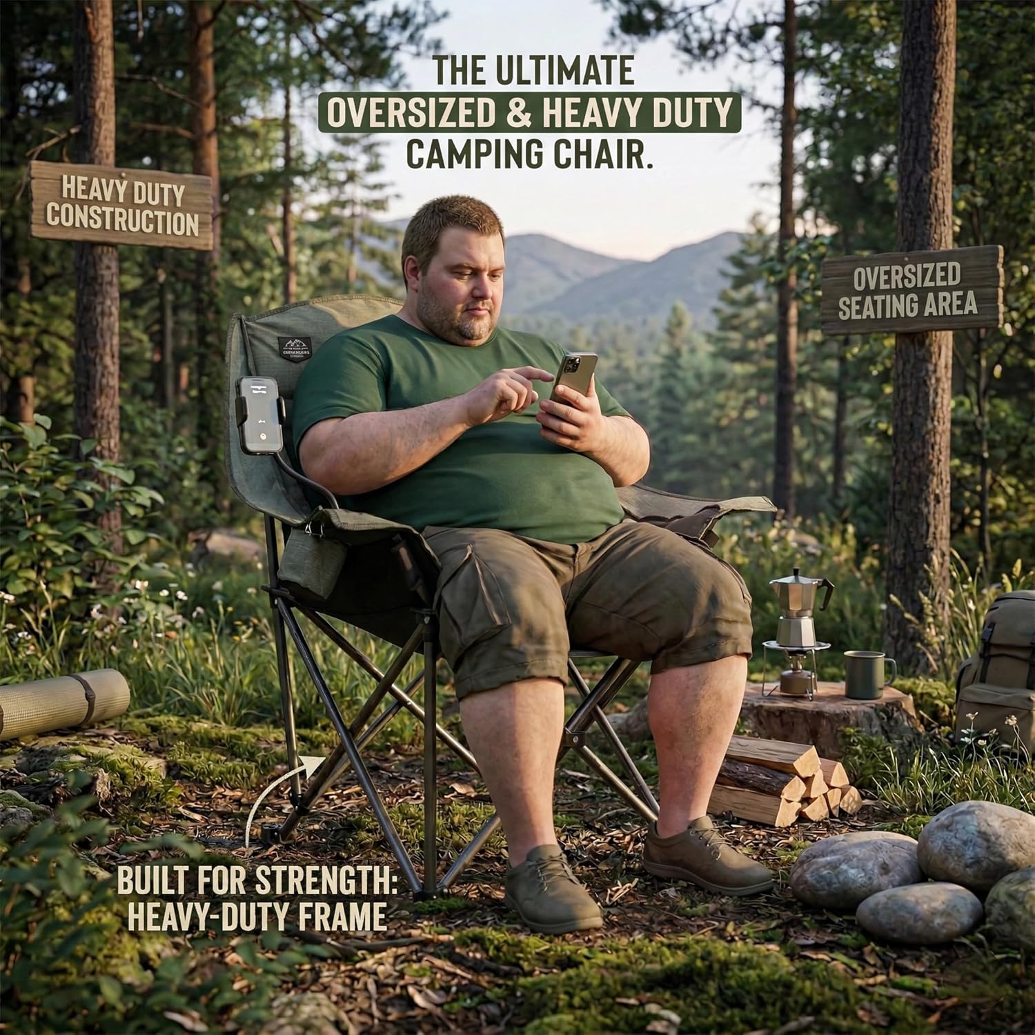 Thumbnail 3 de LANMOUNTAIN Oversized XL Folding Camping Chair: Heavy-Duty 400lb Capacity with Cup and Phone Holders
