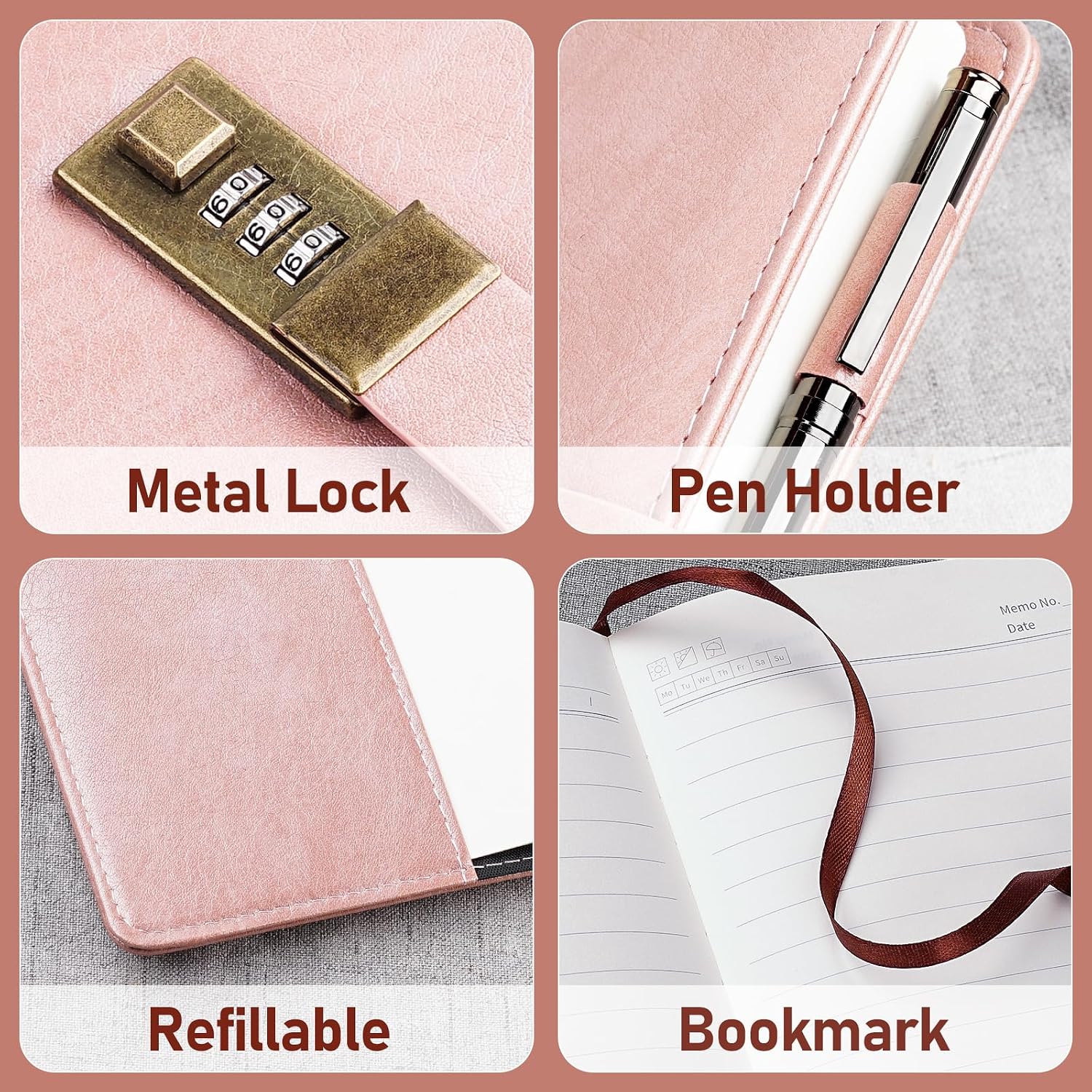 Detalle 2 de WEMATE Schloss-Tagebuch A5 mit Passwortschloss, 240 Seiten, Vintage PU-Leder – inkl. Stift und Geschenkbox