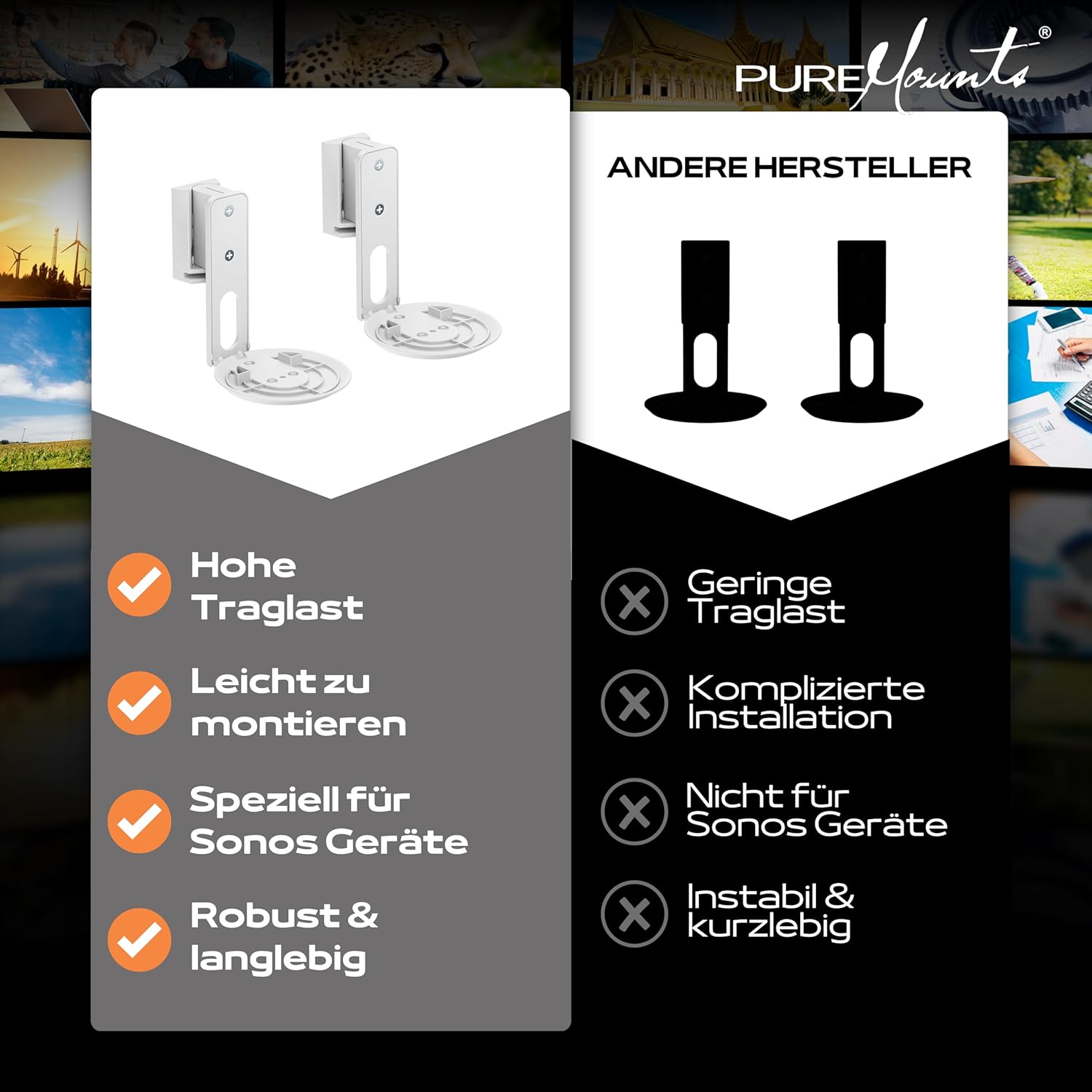Detalle de PureMounts supporto a parete per diffusori Sonos Era 100 (set da 2) bianco, orientabile ±45° e inclinabile 0/-18°