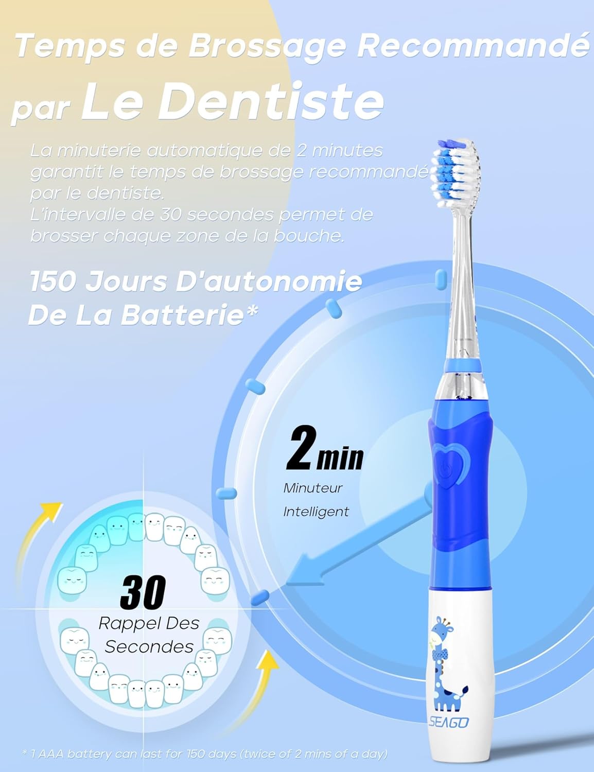 Thumbnail 3 de Seago SG977: brosse à dents électrique enfant avec LED colorée, minuterie 2 min et 4 têtes remplaçables (Bleu)